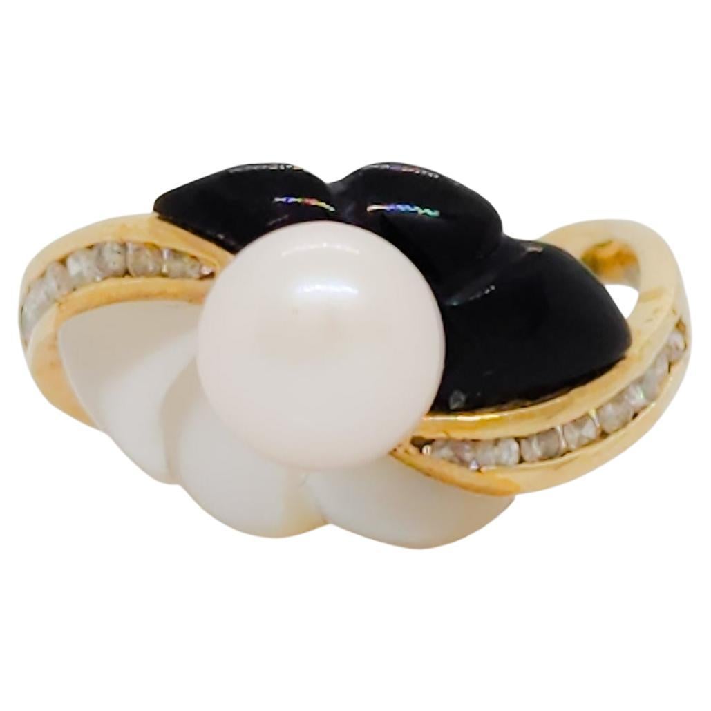 Pearl, Diamond, Onyx and Mother of Pearl Ring in 14k Yellow Gold