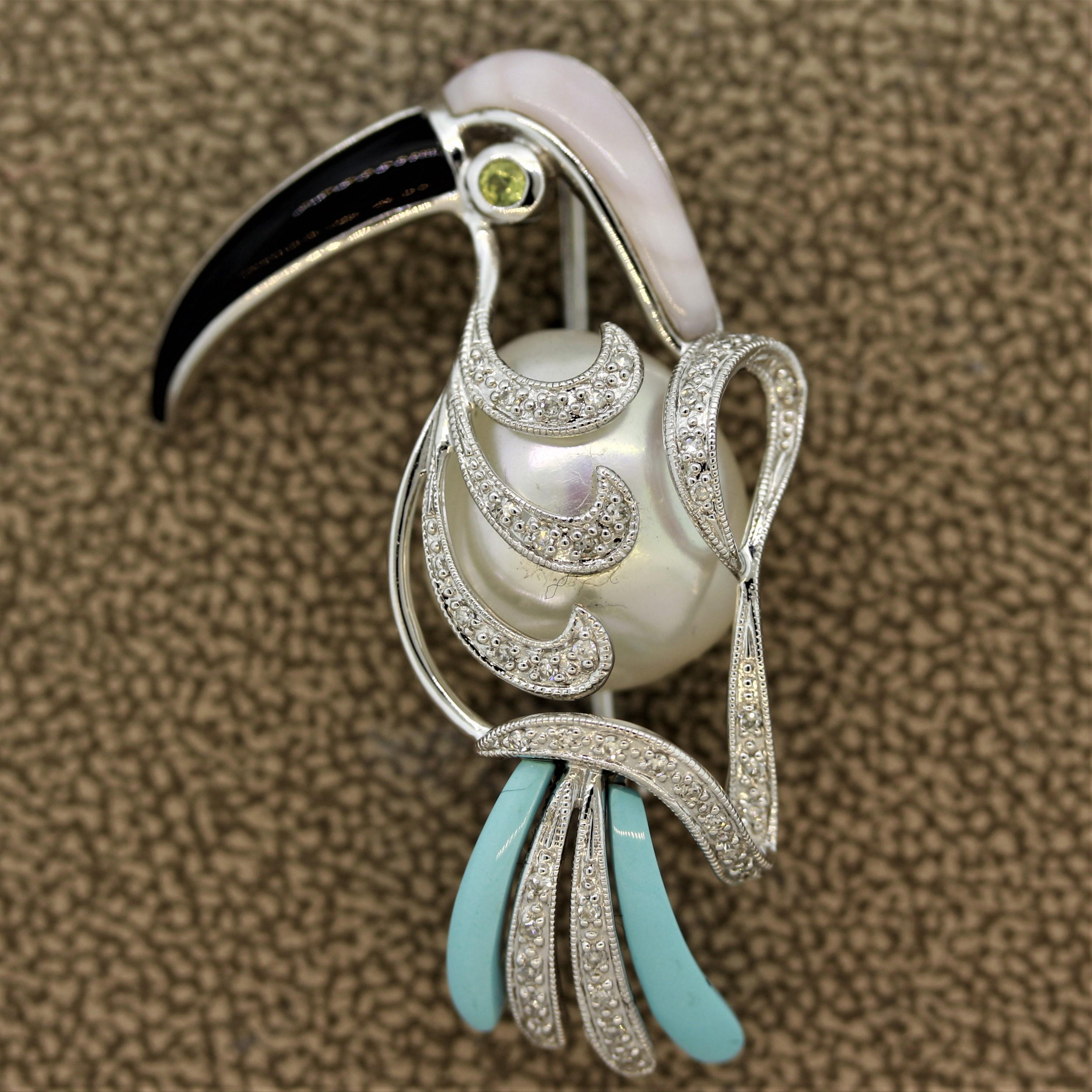 A lively Toucan is studded in diamonds and gems! It features a black onyx beak, mother of pearl head and turquoise tail along with a diamond and pearl studded body. Made in 14k white gold and ready to be worn with any outfit.

Length: 1.5 inches