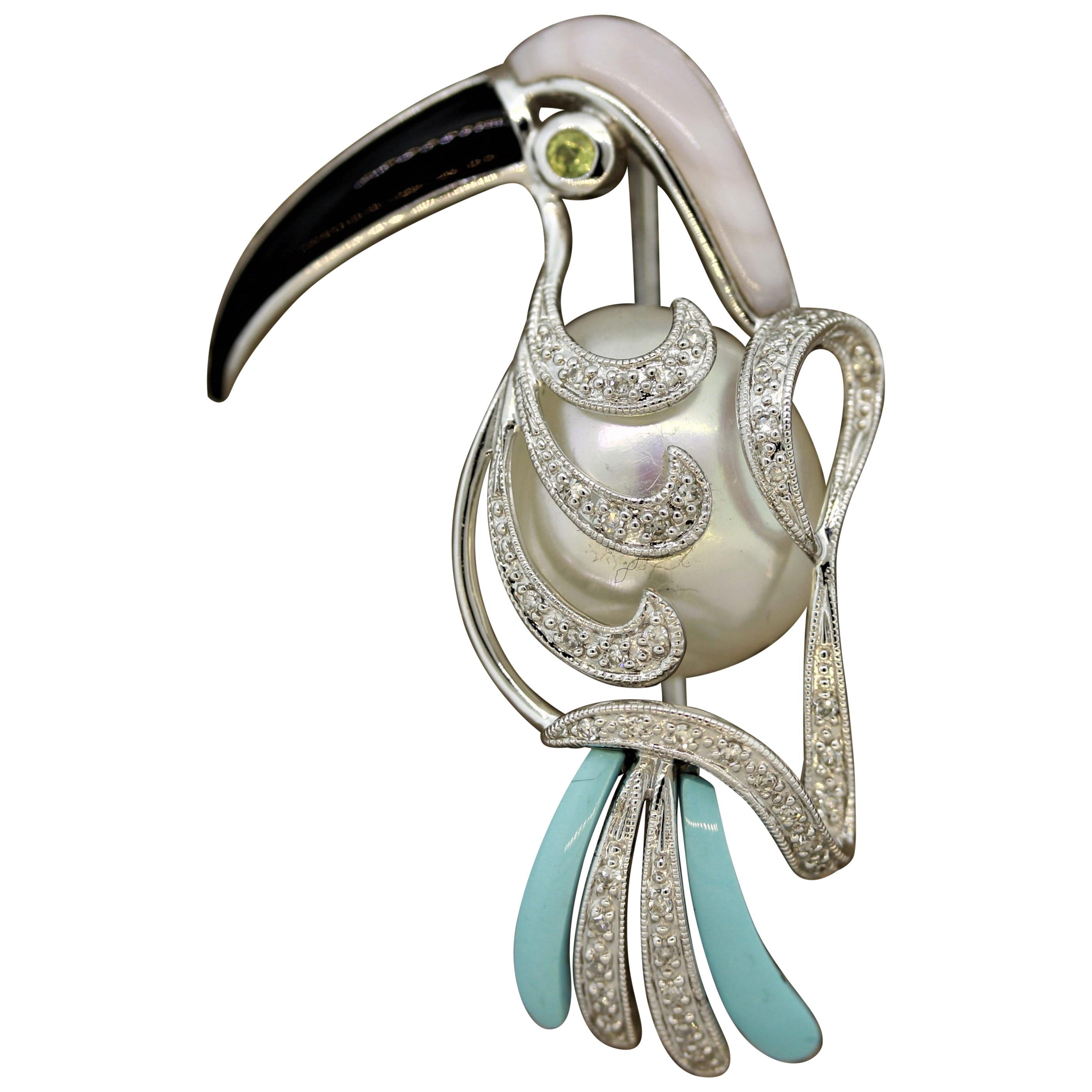 Pearl Diamond Onyx Turquoise Gold Toucan Brooch
