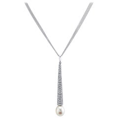 Pearl and Diamond Pave, Italian Drop Pendant Necklace with Triple Chain