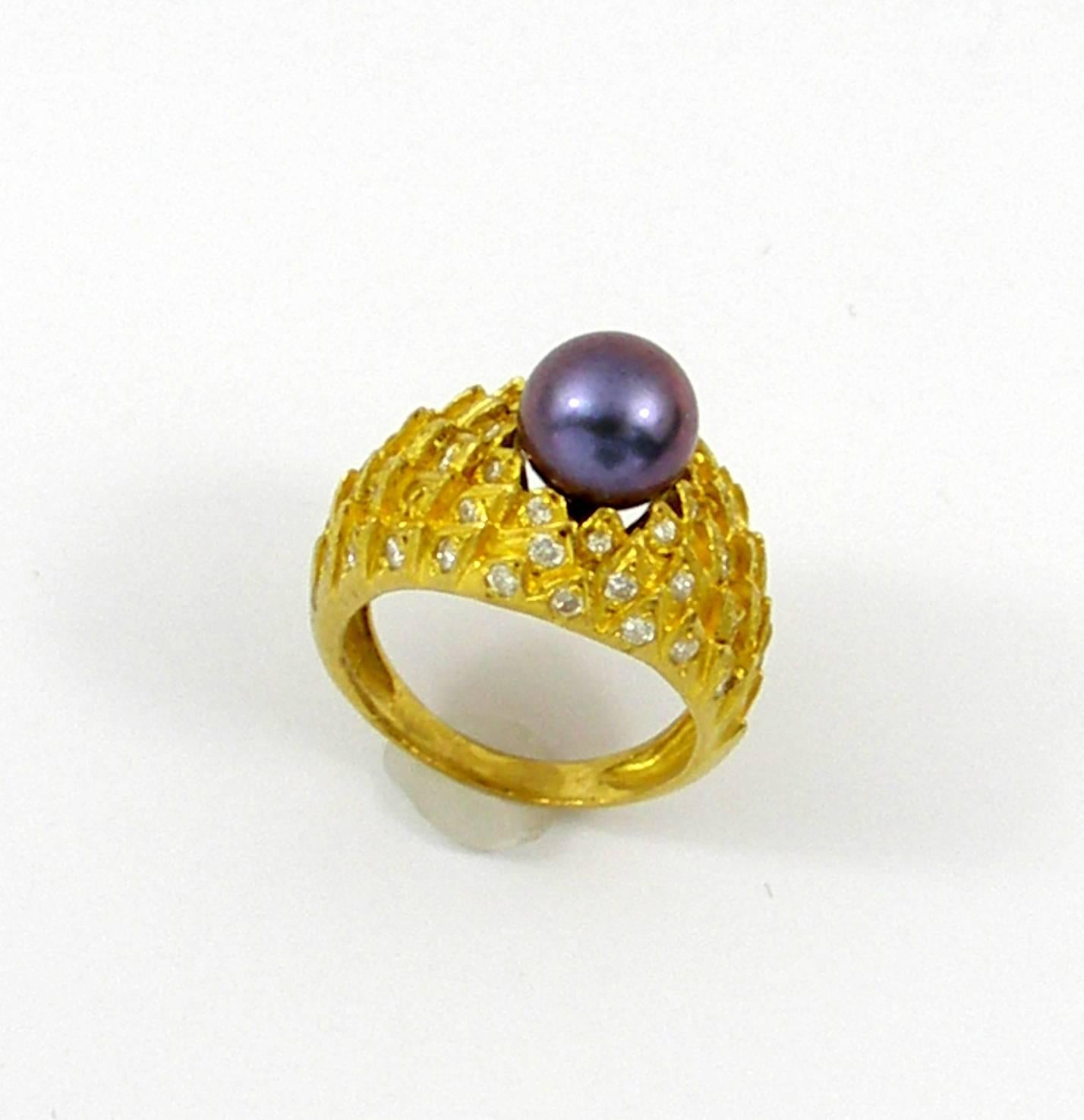 Women's or Men's Pearl Diamond Peacock Design Gold Ring