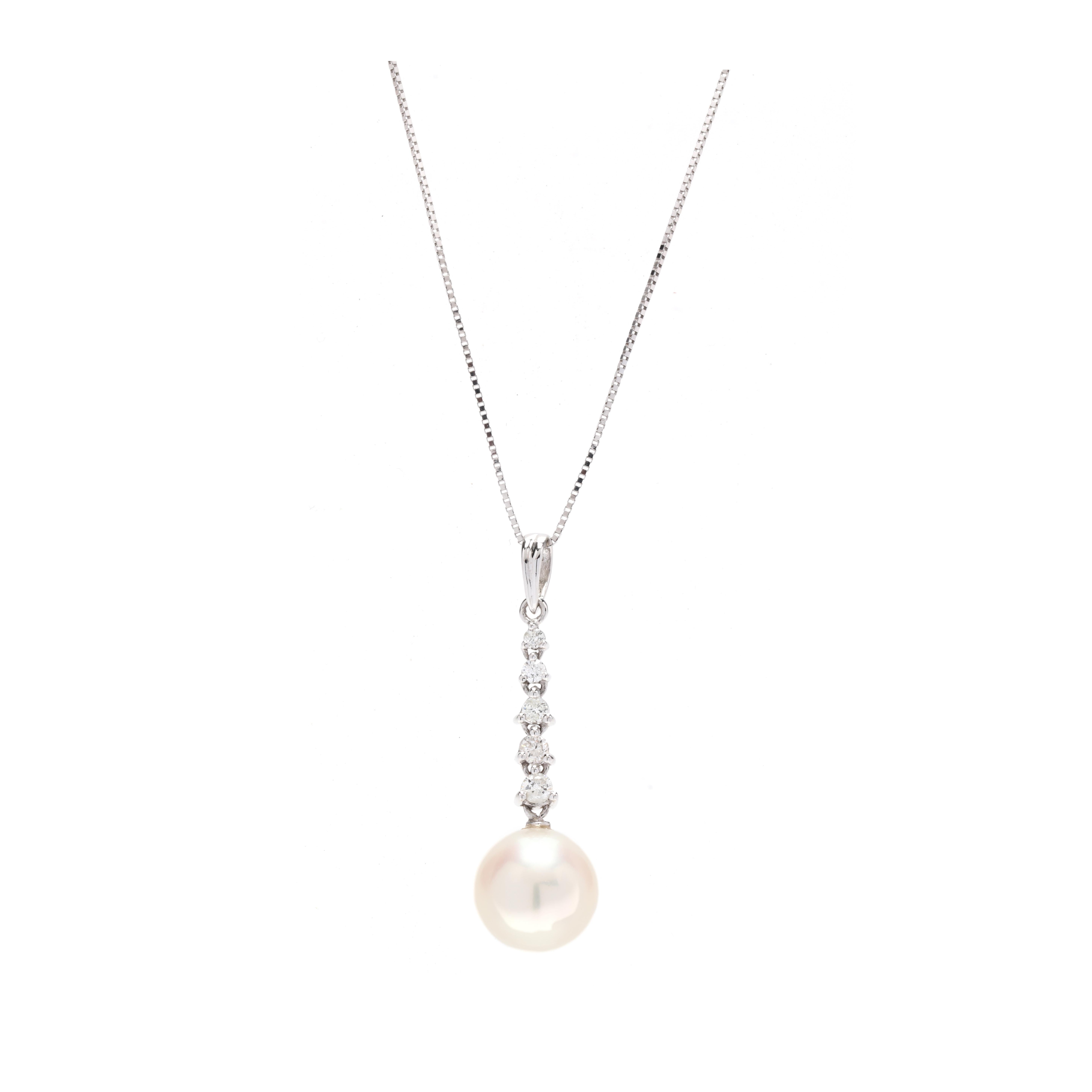 Halskette mit Perlen-Diamant-Anhänger, 14K Weißgold für Damen oder Herren