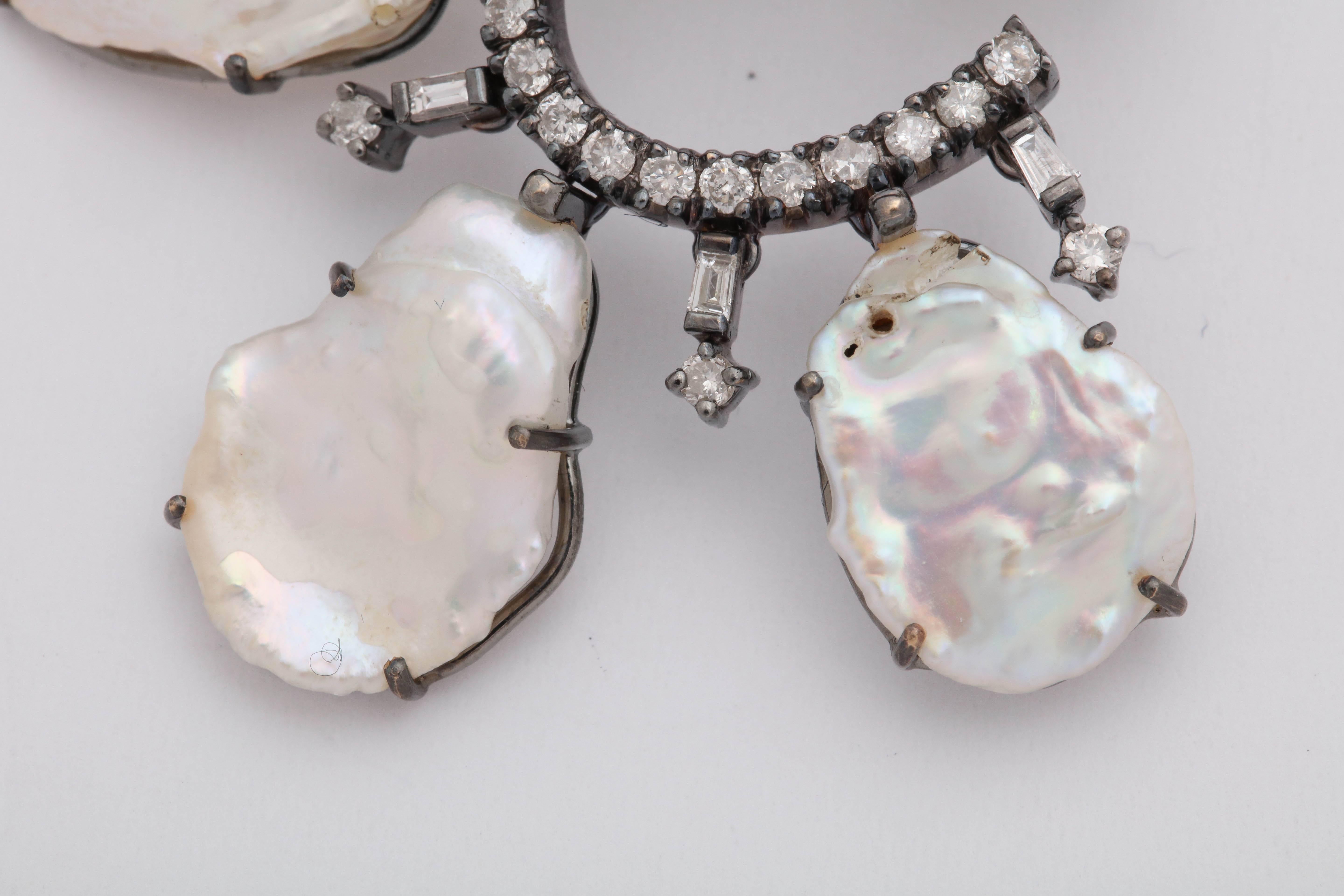 Women's or Men's Pearl Diamond Petal Earrings For Sale
