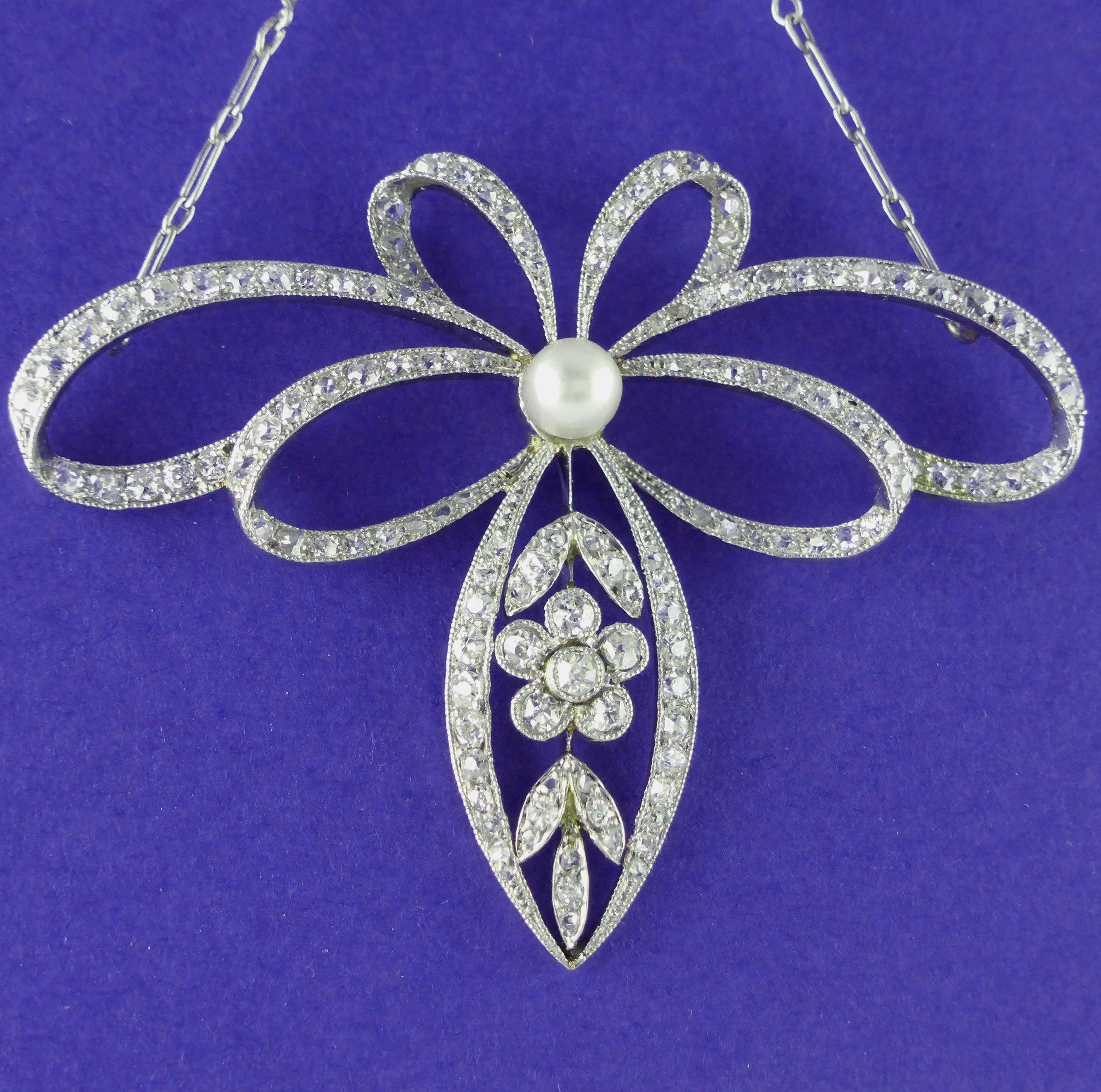 Old European Cut Pearl Diamond Platinum Belle Époque Necklace, circa 1910 For Sale