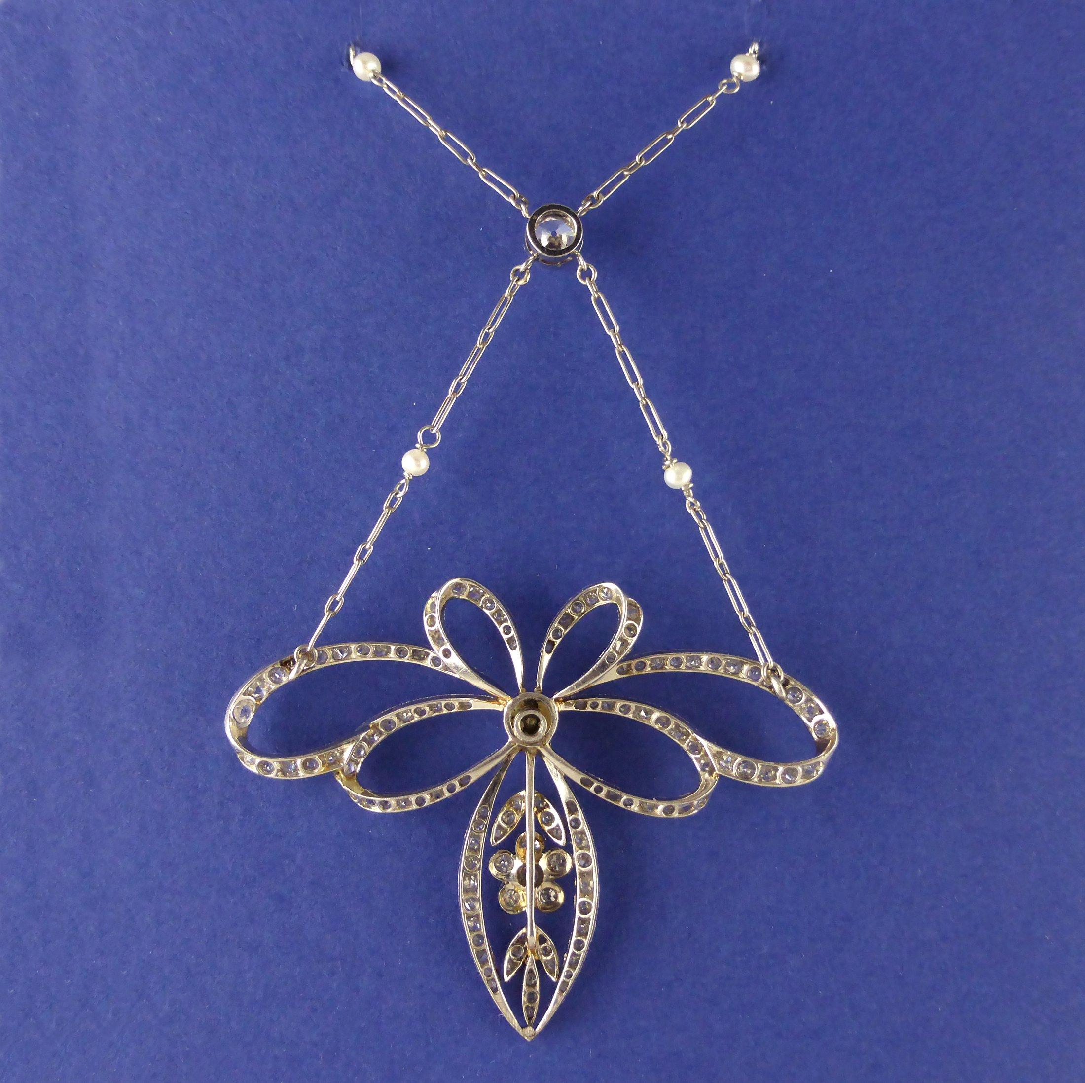 Pearl Diamond Platinum Belle Époque Necklace, circa 1910 For Sale 1