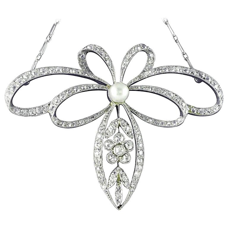 Pearl Diamond Platinum Belle Époque Necklace, circa 1910 For Sale
