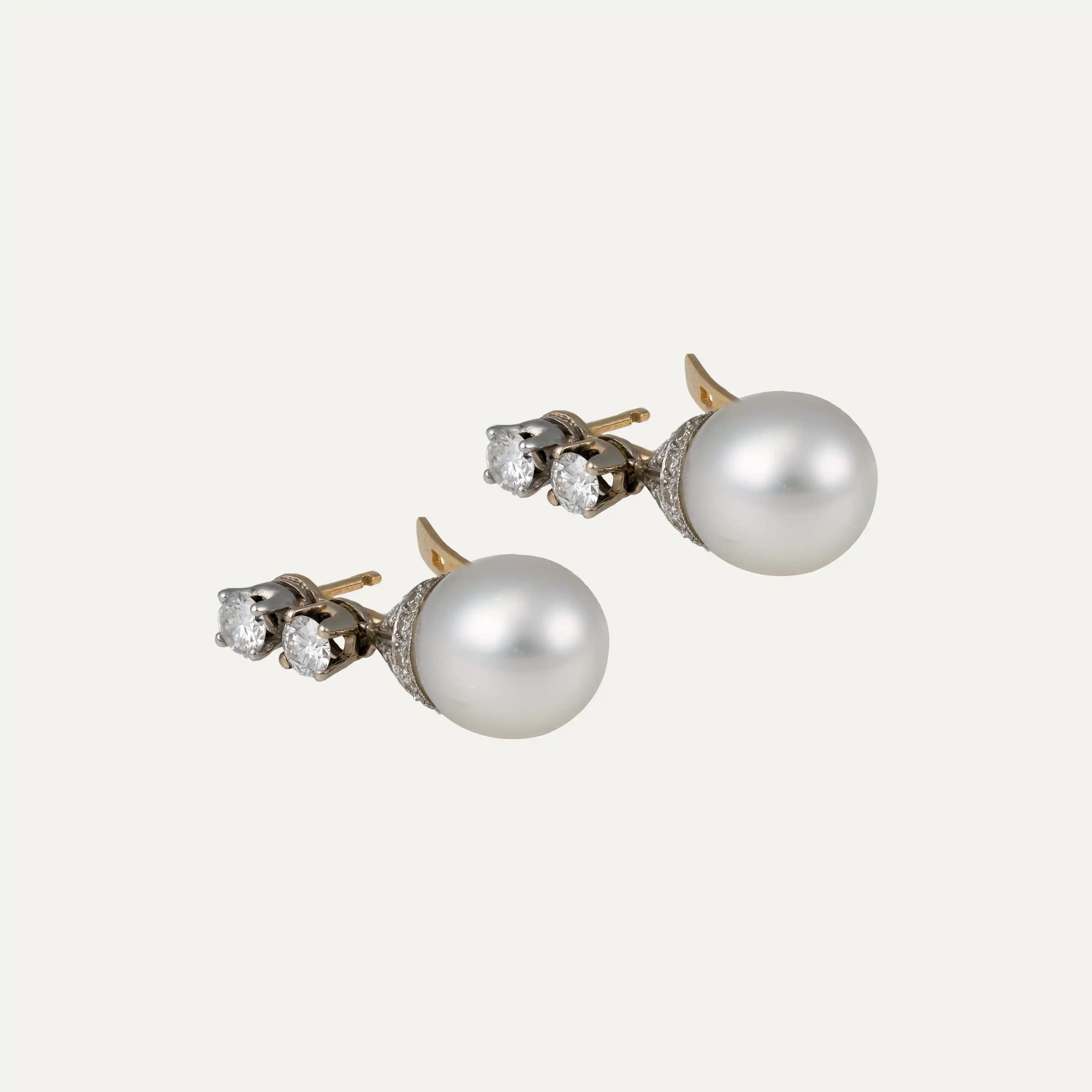 Brilliant Cut Pearl Diamond Platinum Gold Drop Earrings For Sale