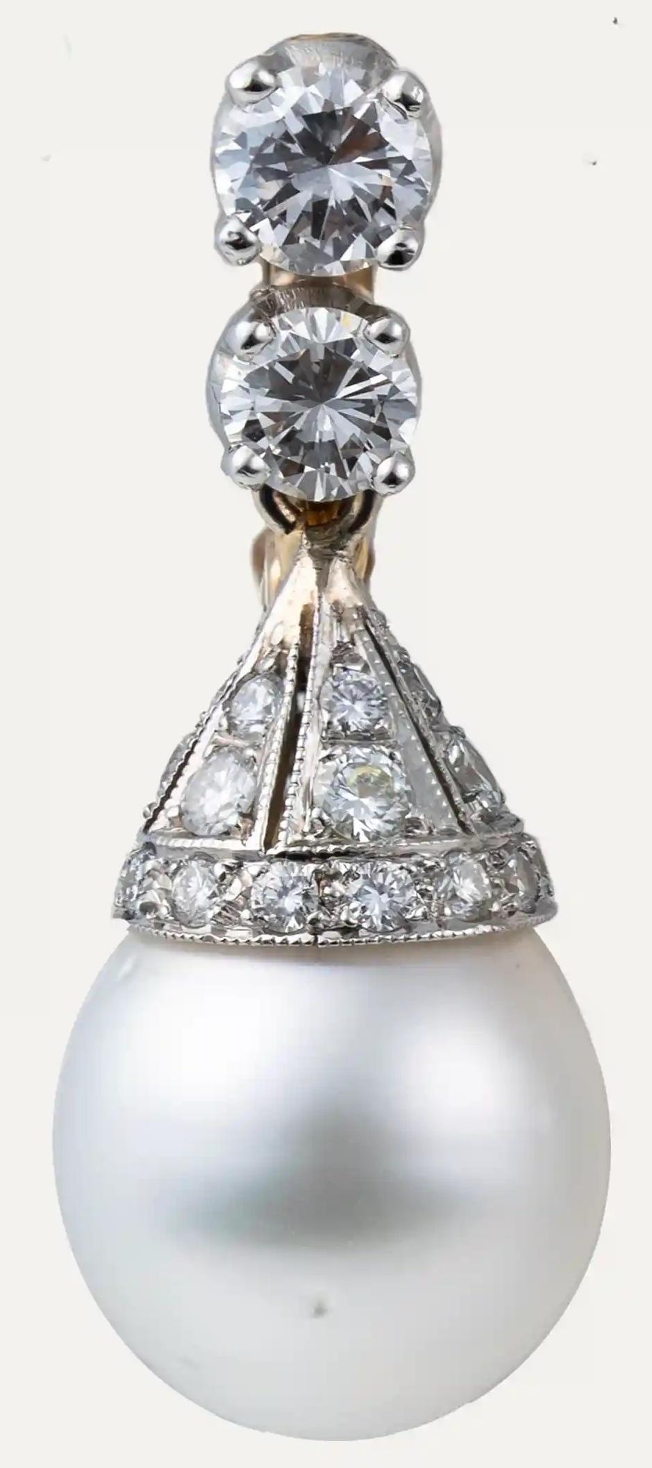Pearl Diamond Platinum Gold Drop Earrings In Good Condition For Sale In Lisboa, PT