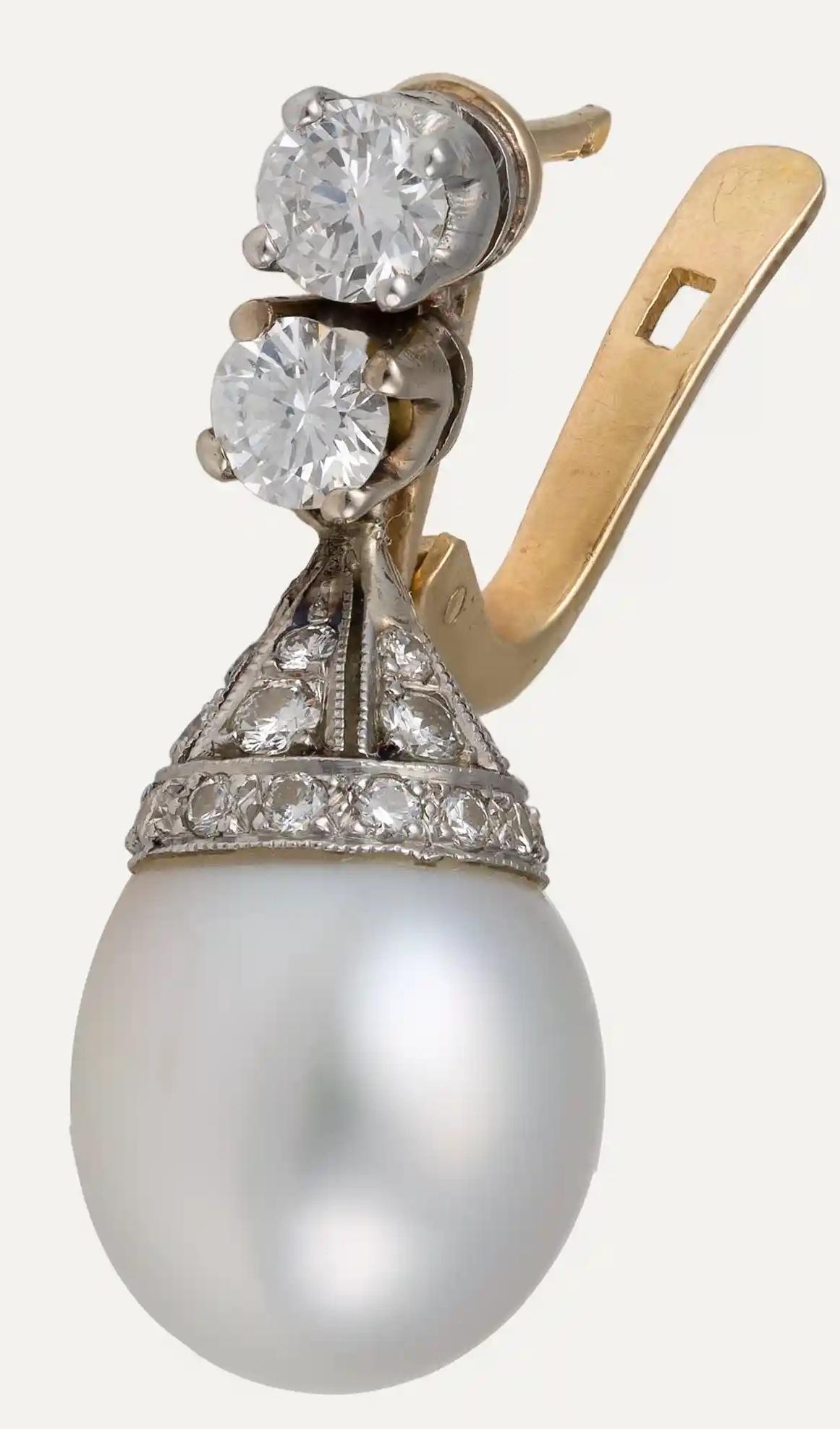 Women's or Men's Pearl Diamond Platinum Gold Drop Earrings For Sale