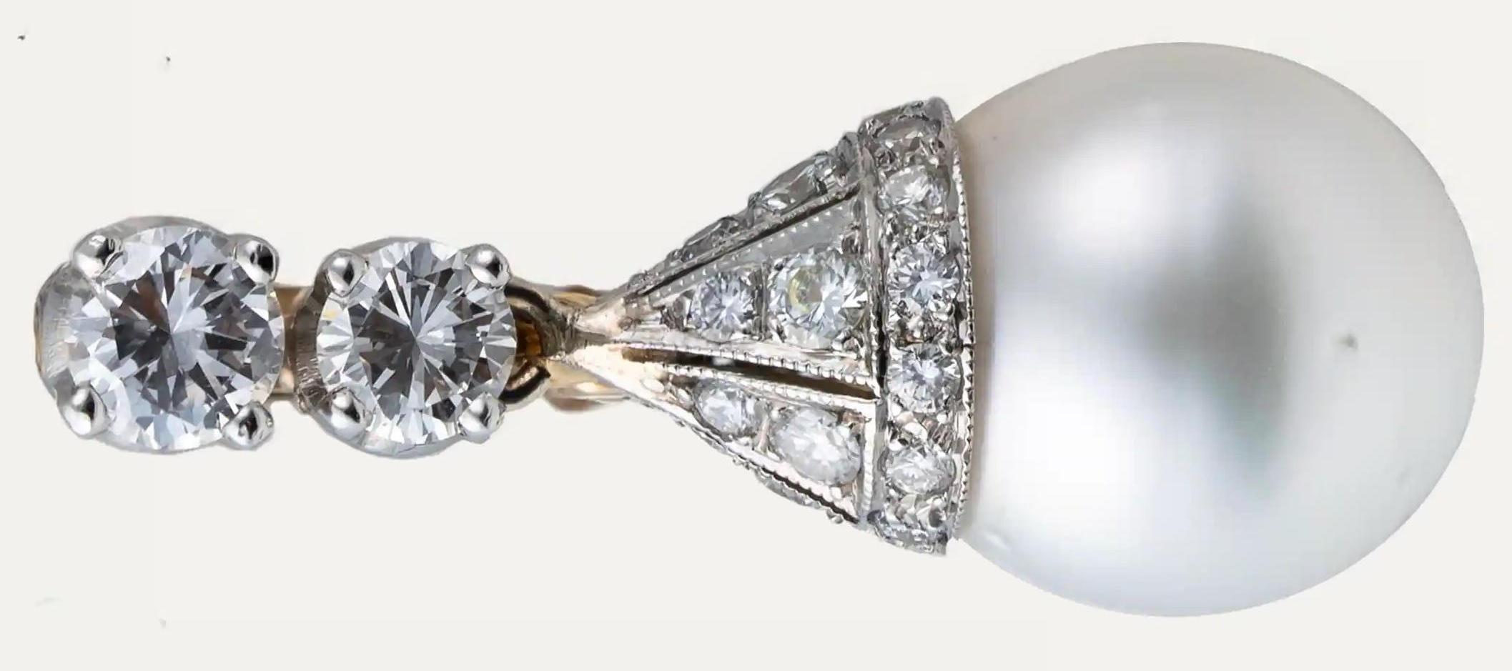 Pearl Diamond Platinum Gold Drop Earrings For Sale 2