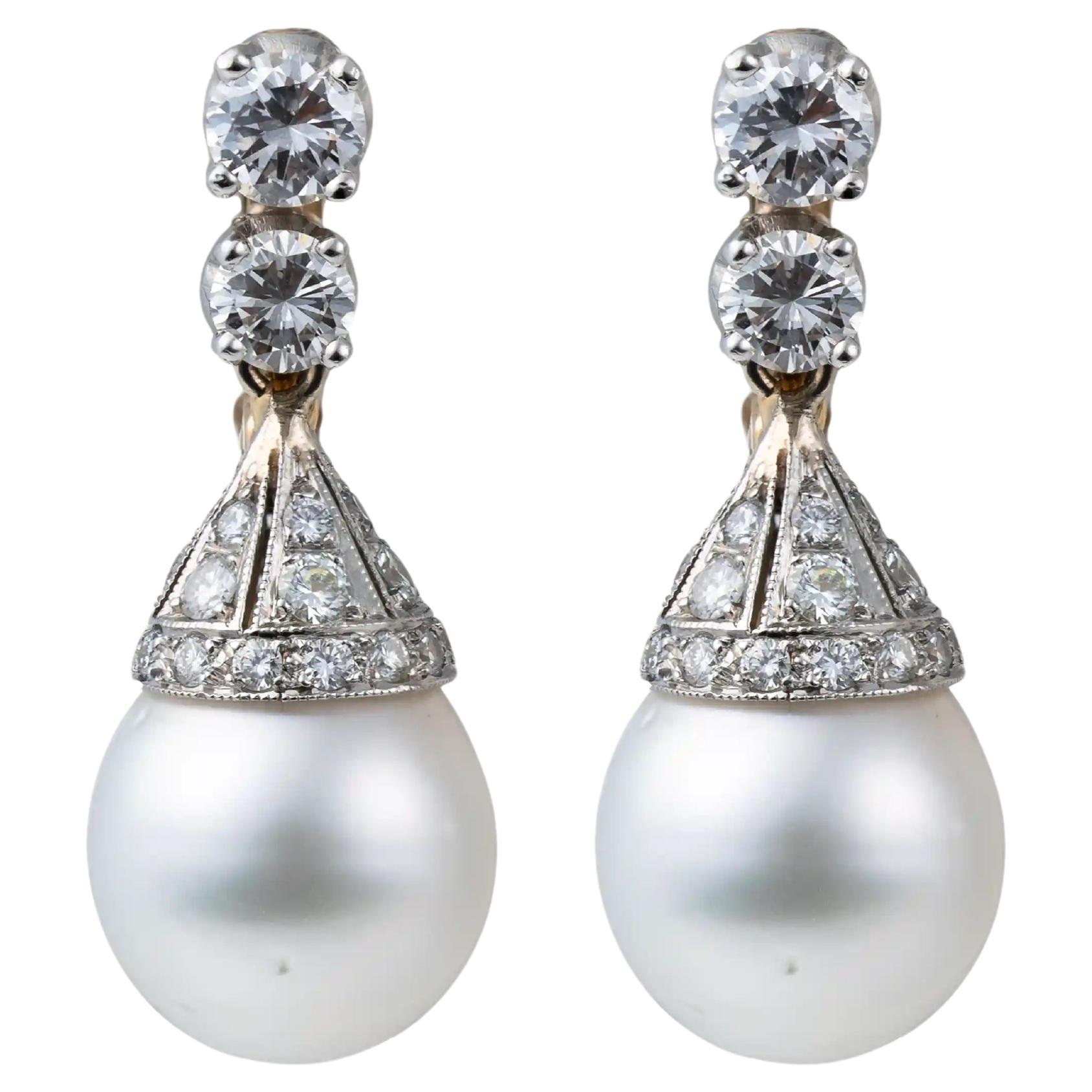 Pearl Diamond Platinum Gold Drop Earrings For Sale