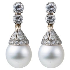 Pearl Diamond Platinum Gold Drop Earrings