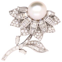 Vintage Pearl Diamond Platinum Sunflower Brooch