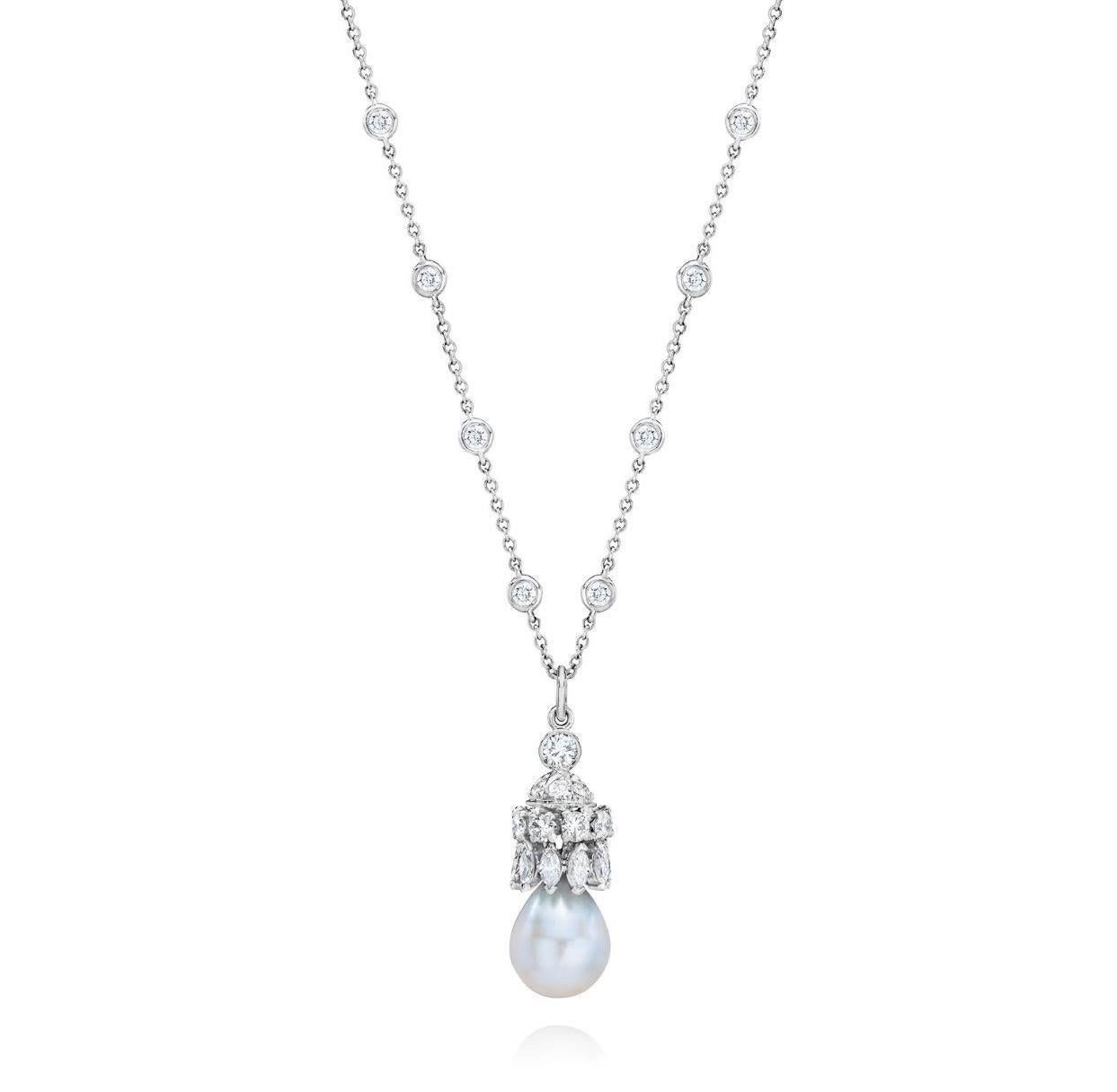 One of a kind MMNY Reconceived Collection. 
Delicate yet dazzling! Classic yet Chic! 
A necklace to enjoy for years to come. “Heirloom Jewels”
1 cultured Pearl @ approx. 11.0 x 9.4mm
Clean High luster AAA
15 round brilliant & 10 Marquise brilliant =