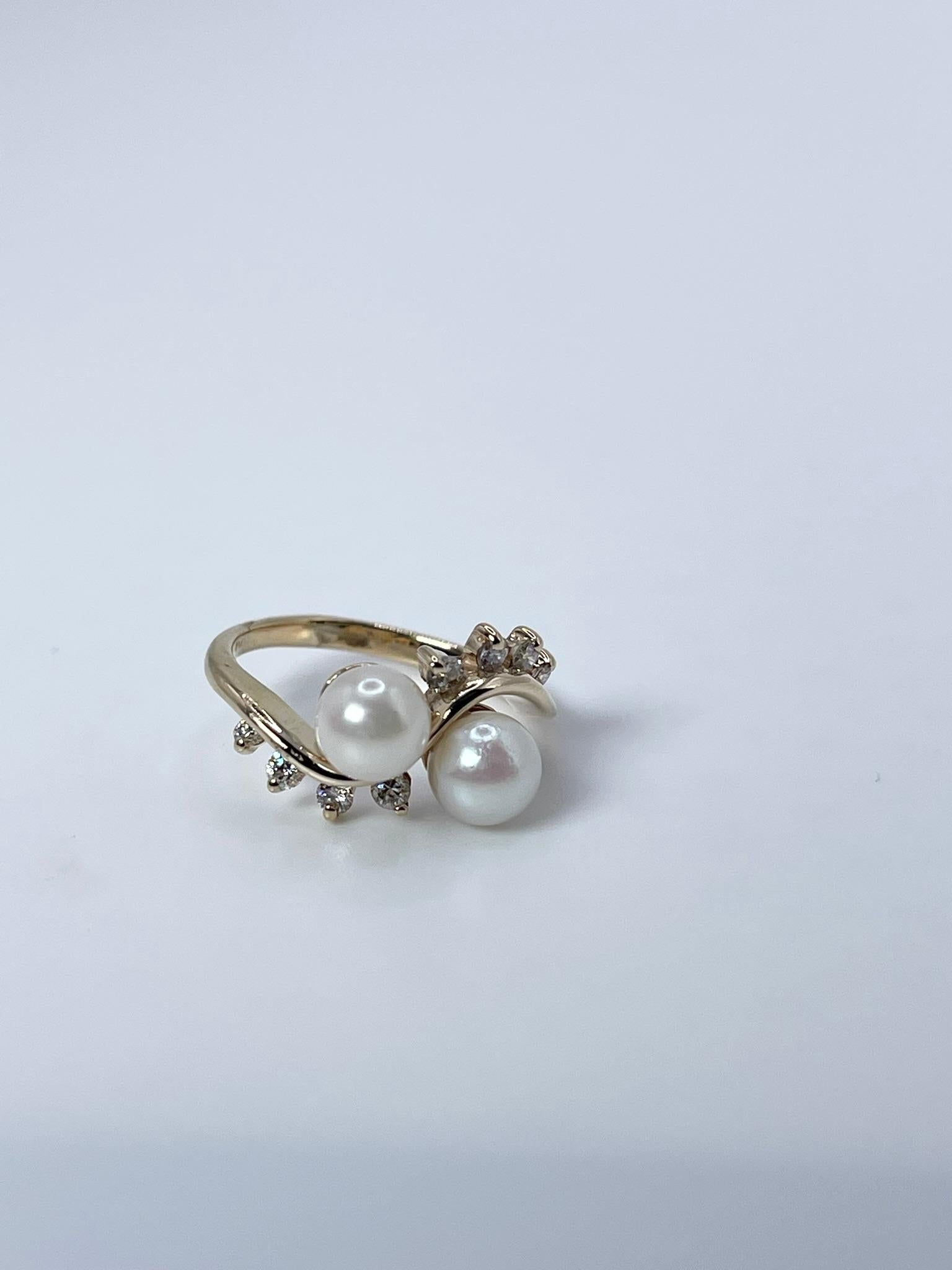 Modern Pearl Diamond ring Floral diamond cocktail ring 14KT gold For Sale