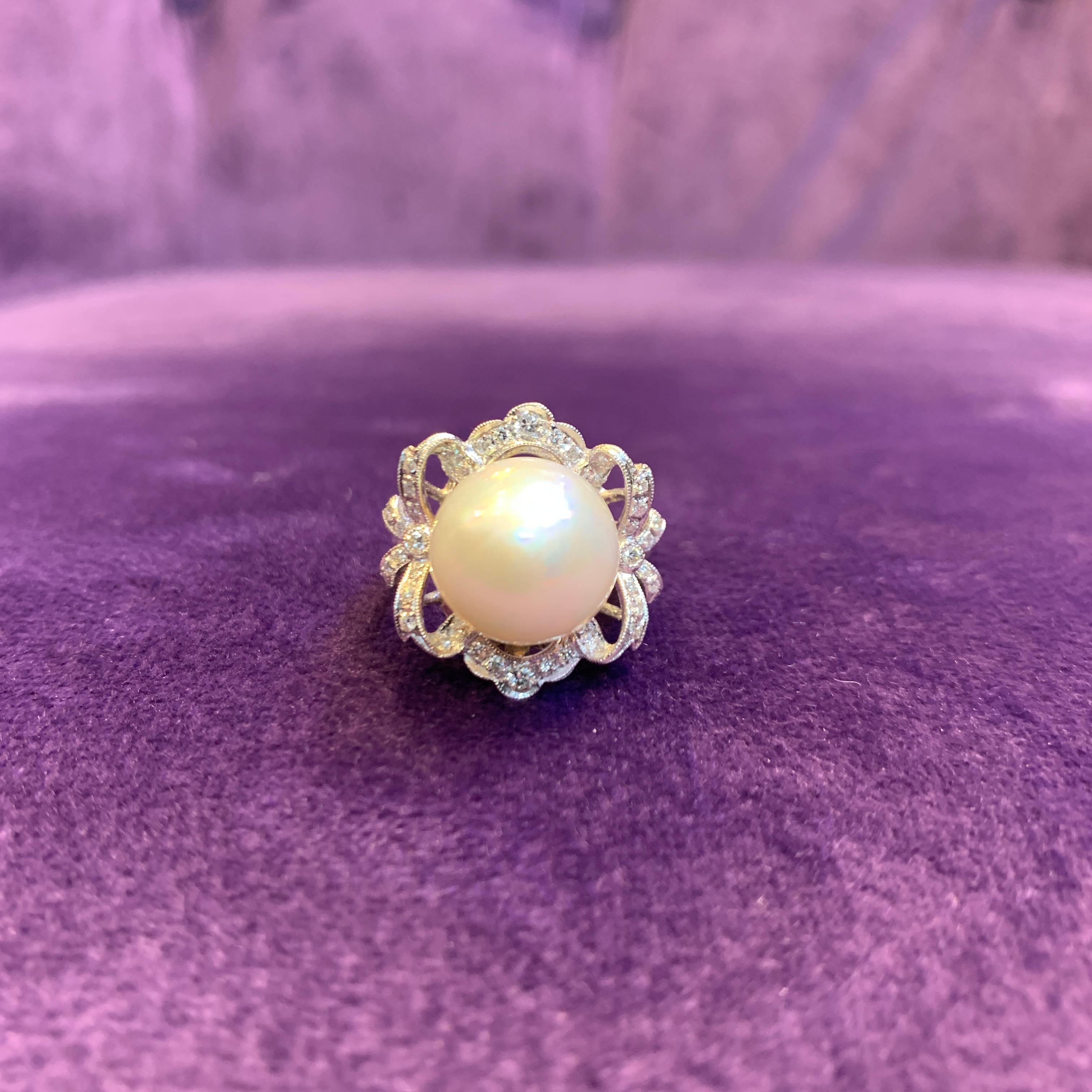 Round Cut Pearl & Diamond Ring  For Sale