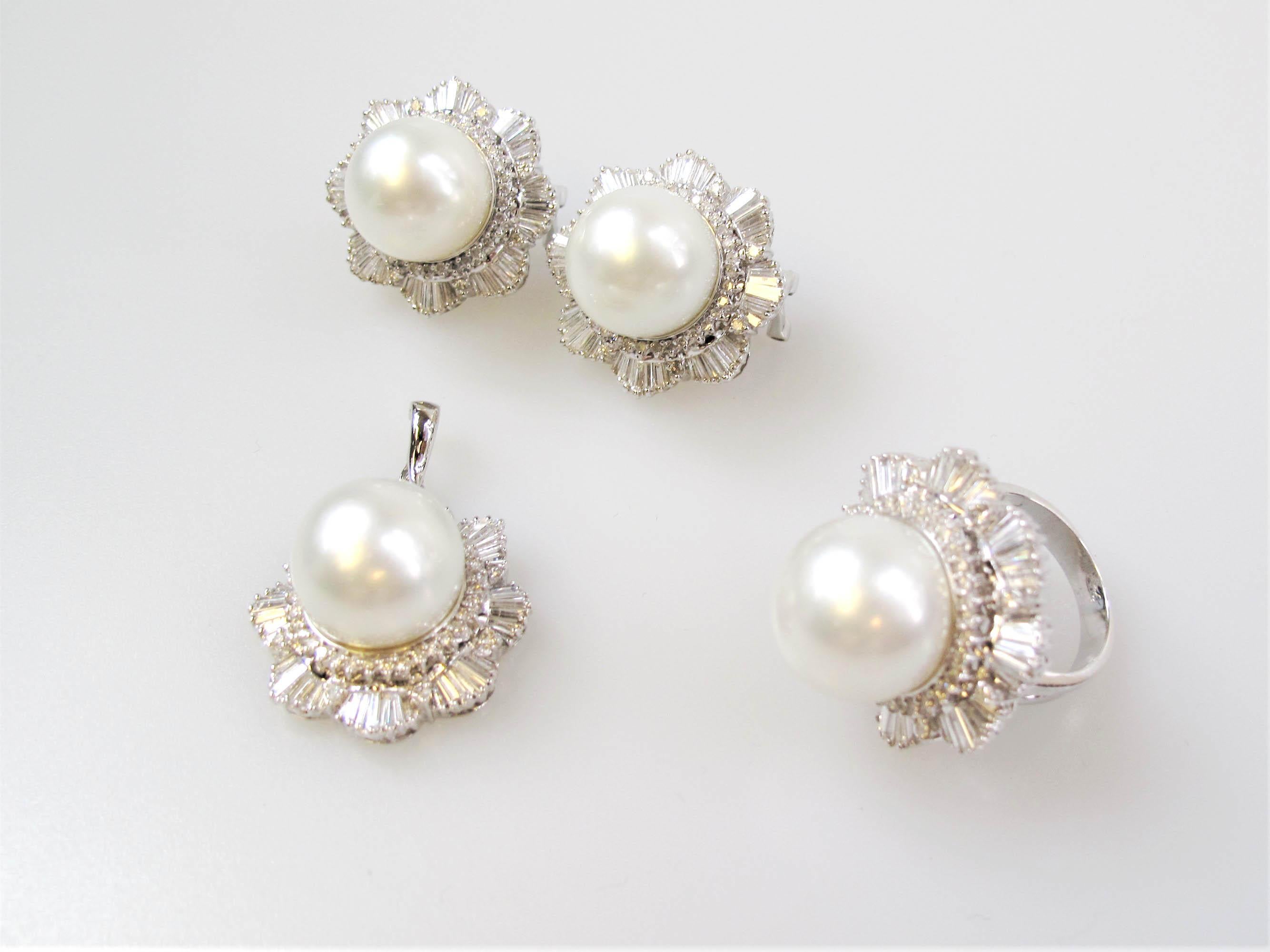 Dress up your whole look with this stunning, bold trio! This breathtaking diamond and pearl ring, earring and pendant set is made with with incredible fine details. Shimmering diamonds accent gorgeous white pearls, creating a bright and sparkling