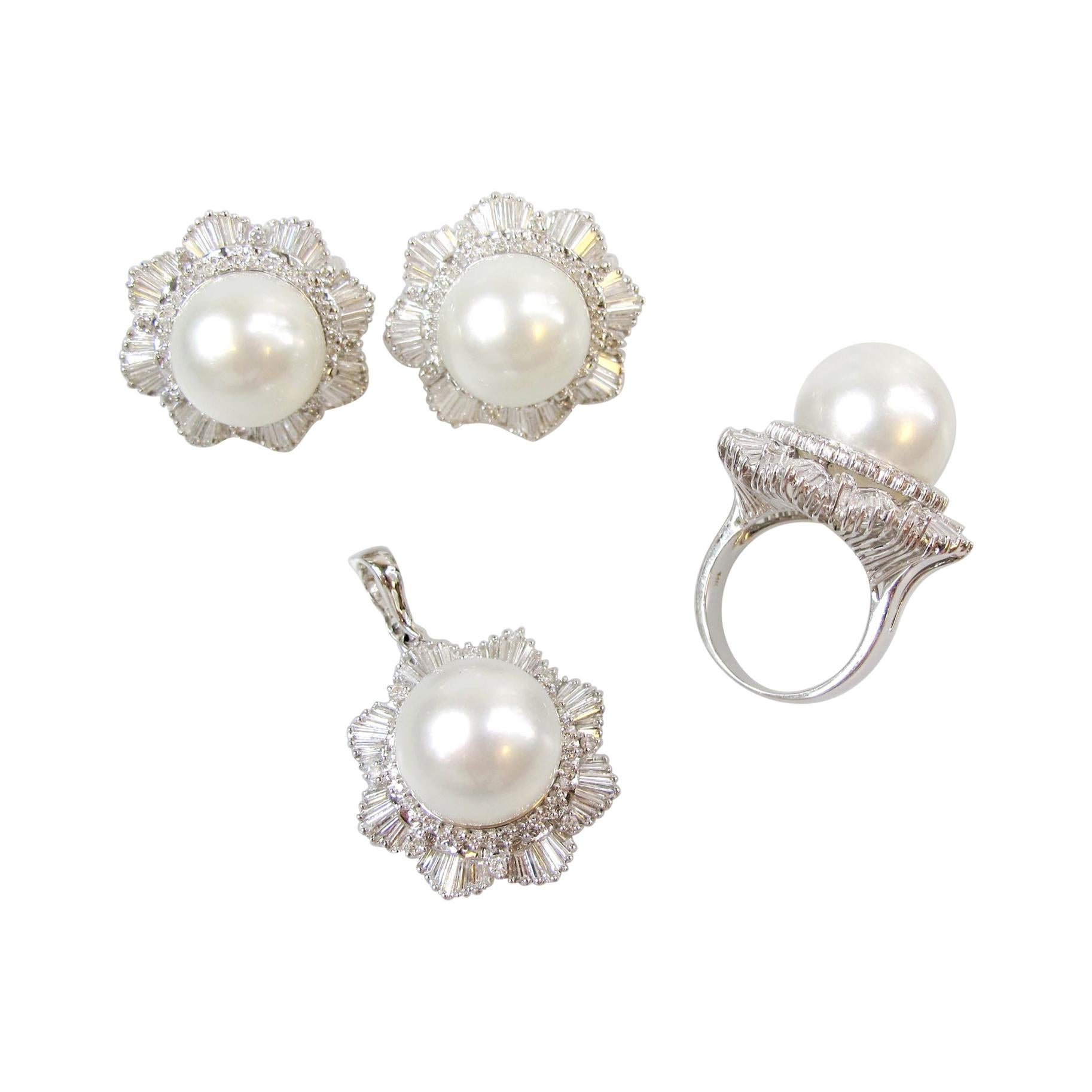 Pearl & Diamond Ring, Pendant and Earring Set 11.5 Carats Total 14 Karat Gold For Sale