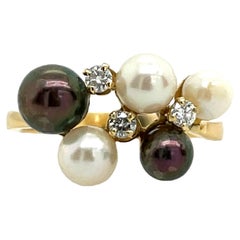 Bague en or jaune 18ct avec perles et diamants