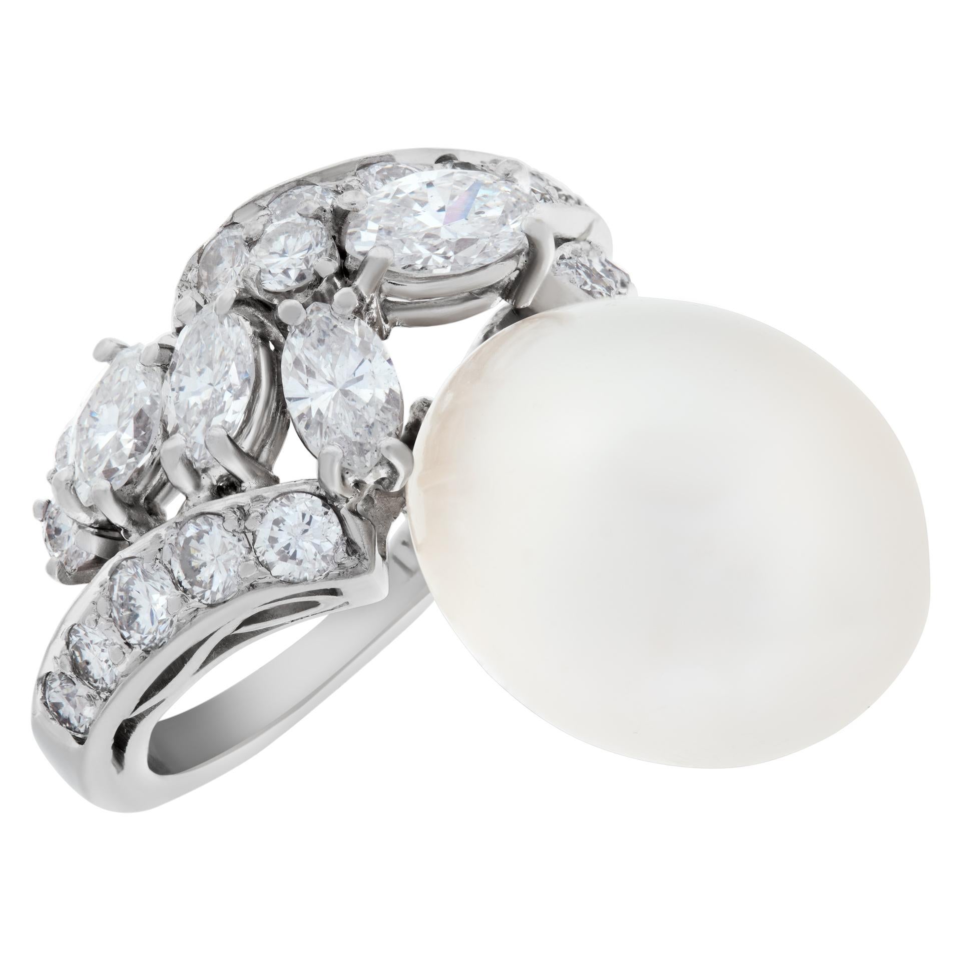 Perlen- und Diamantring aus Platin im Zustand „Hervorragend“ im Angebot in Surfside, FL