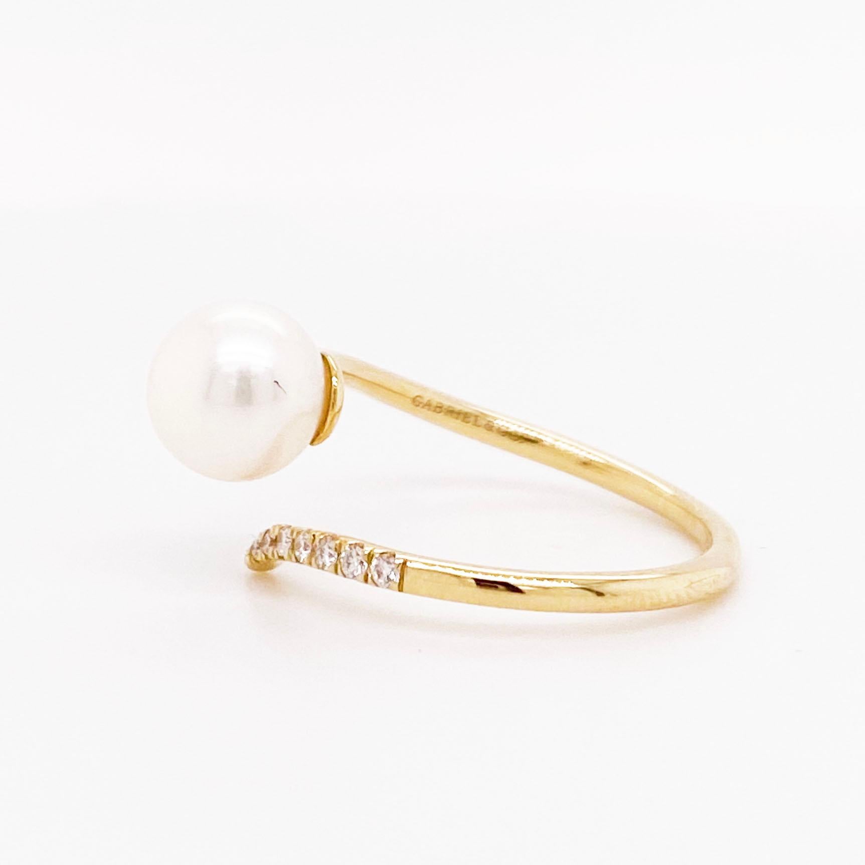 Pearl Diamond Ring w Bypass Assymetrical Design Open Wrap Ring, 14K Yellow Gold 2