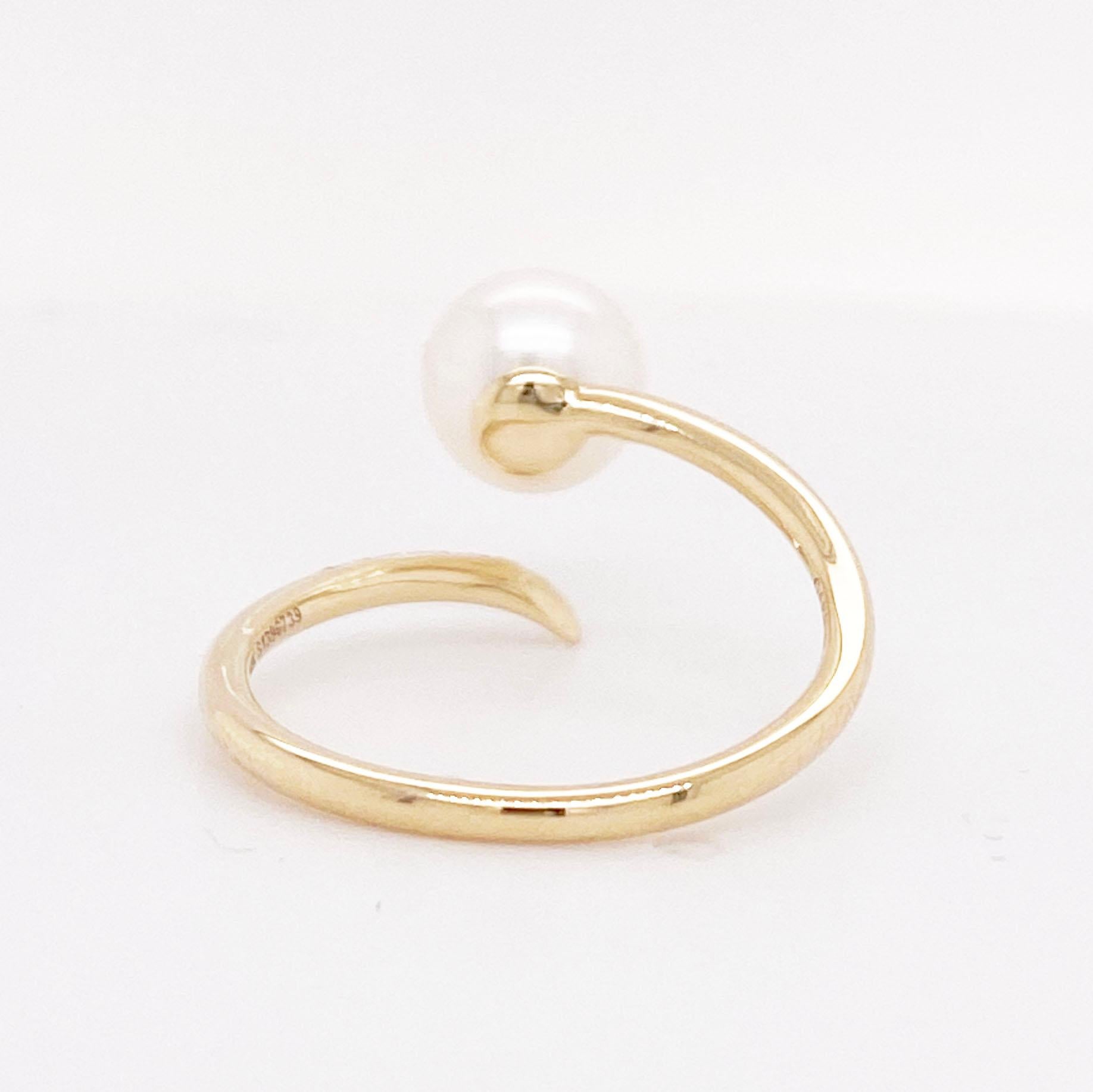 Pearl Diamond Ring w Bypass Assymetrical Design Open Wrap Ring, 14K Yellow Gold 3