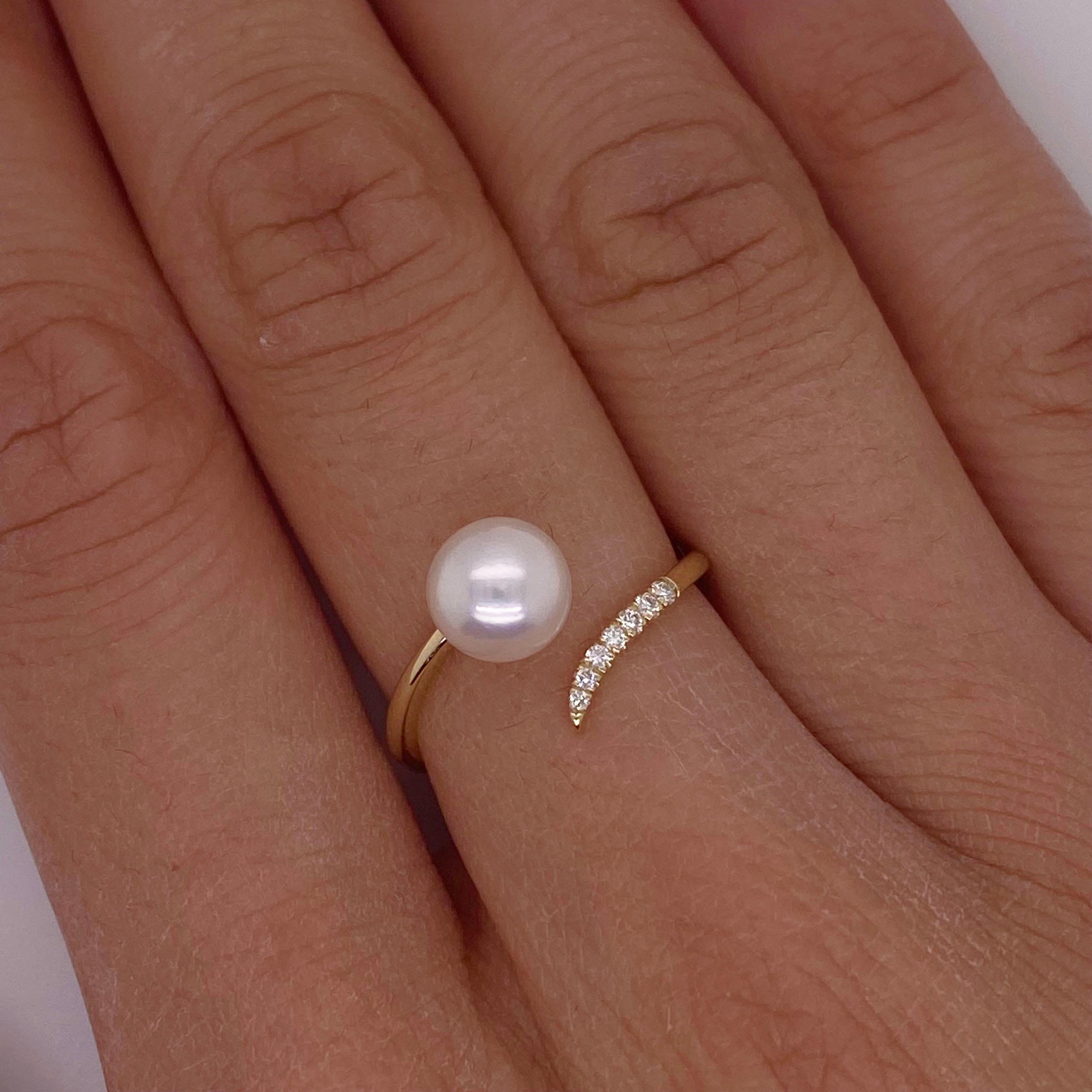 For Sale:  Pearl Diamond Ring w Bypass Assymetrical Design Open Wrap Ring, 14K Yellow Gold 4