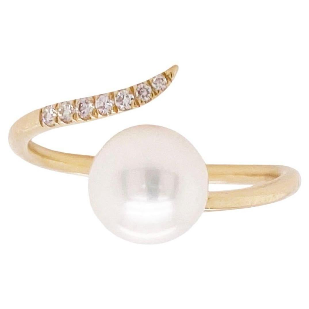 For Sale:  Pearl Diamond Ring w Bypass Assymetrical Design Open Wrap Ring, 14K Yellow Gold