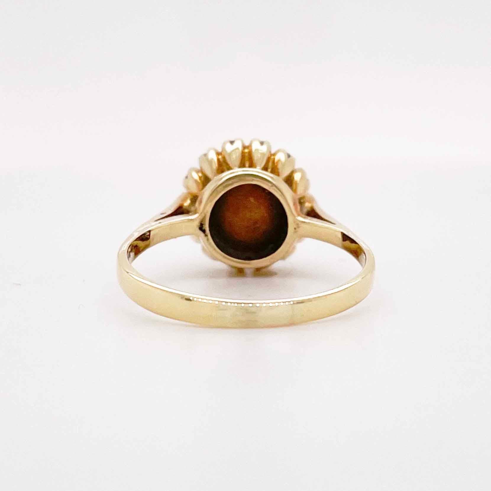 Contemporary Pearl Diamond Ring, Yellow Gold, Estate Cultured Pearl with Diamond Halo