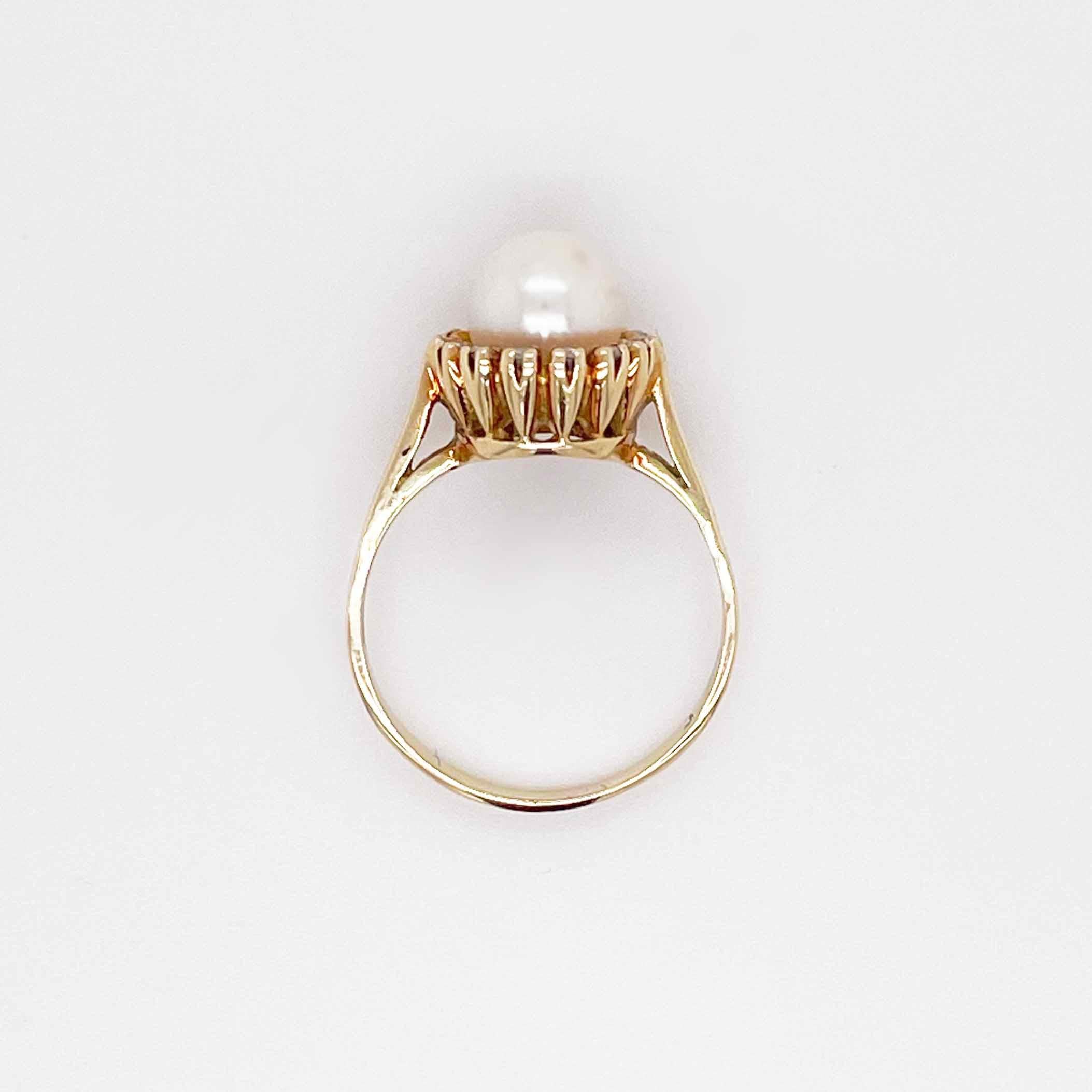 Round Cut Pearl Diamond Ring, Yellow Gold, Estate Cultured Pearl with Diamond Halo