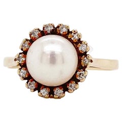 Pearl Diamond Ring, Yellow Gold, Estate Cultured Pearl with Diamond Halo