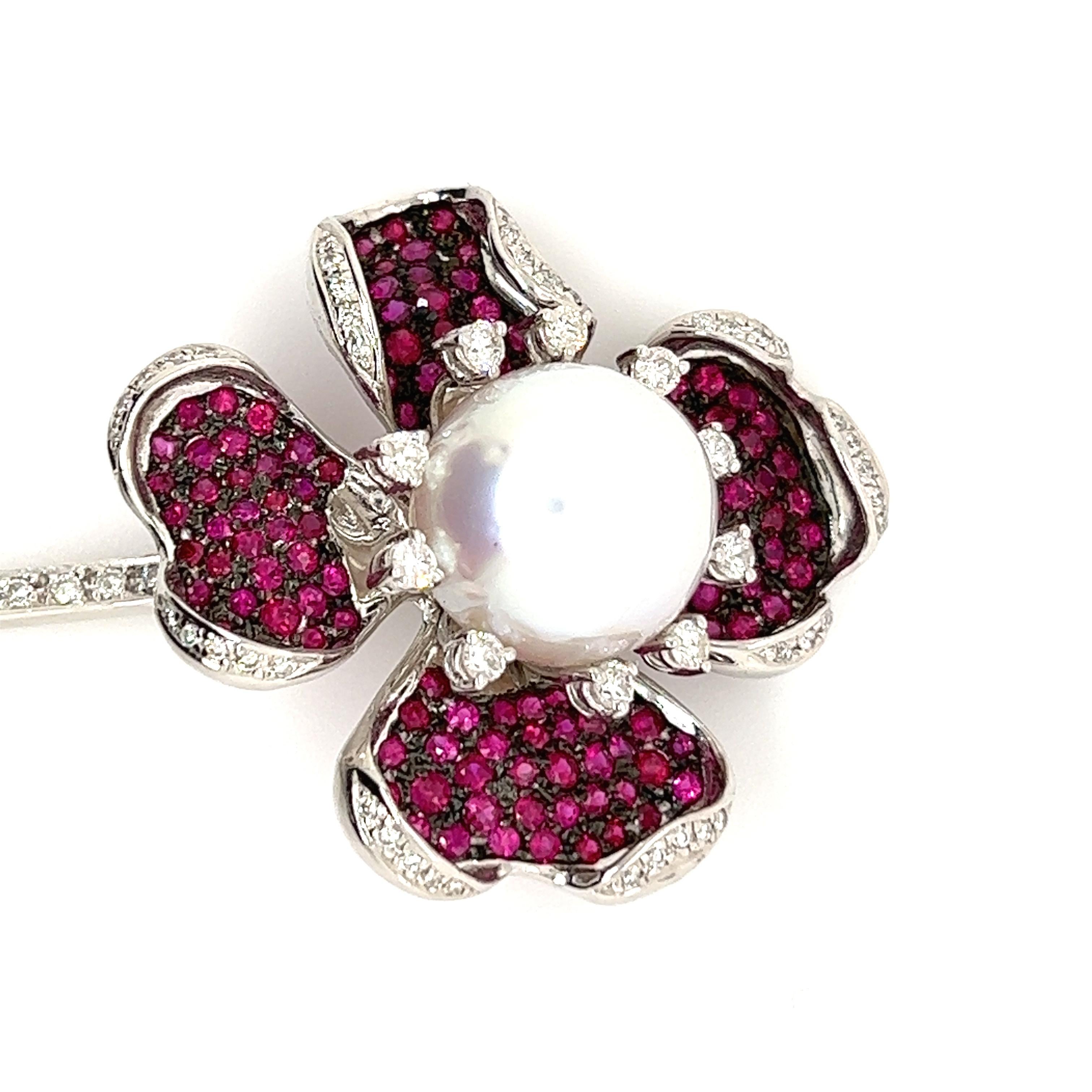 Romantic Pearl, Diamond, Ruby and Tsavorite Flower Pin For Sale