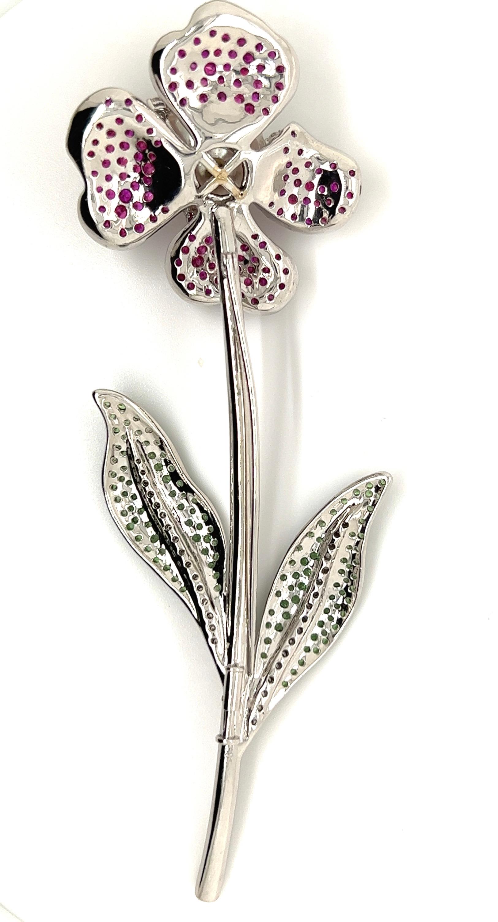 Round Cut Pearl, Diamond, Ruby and Tsavorite Flower Pin For Sale