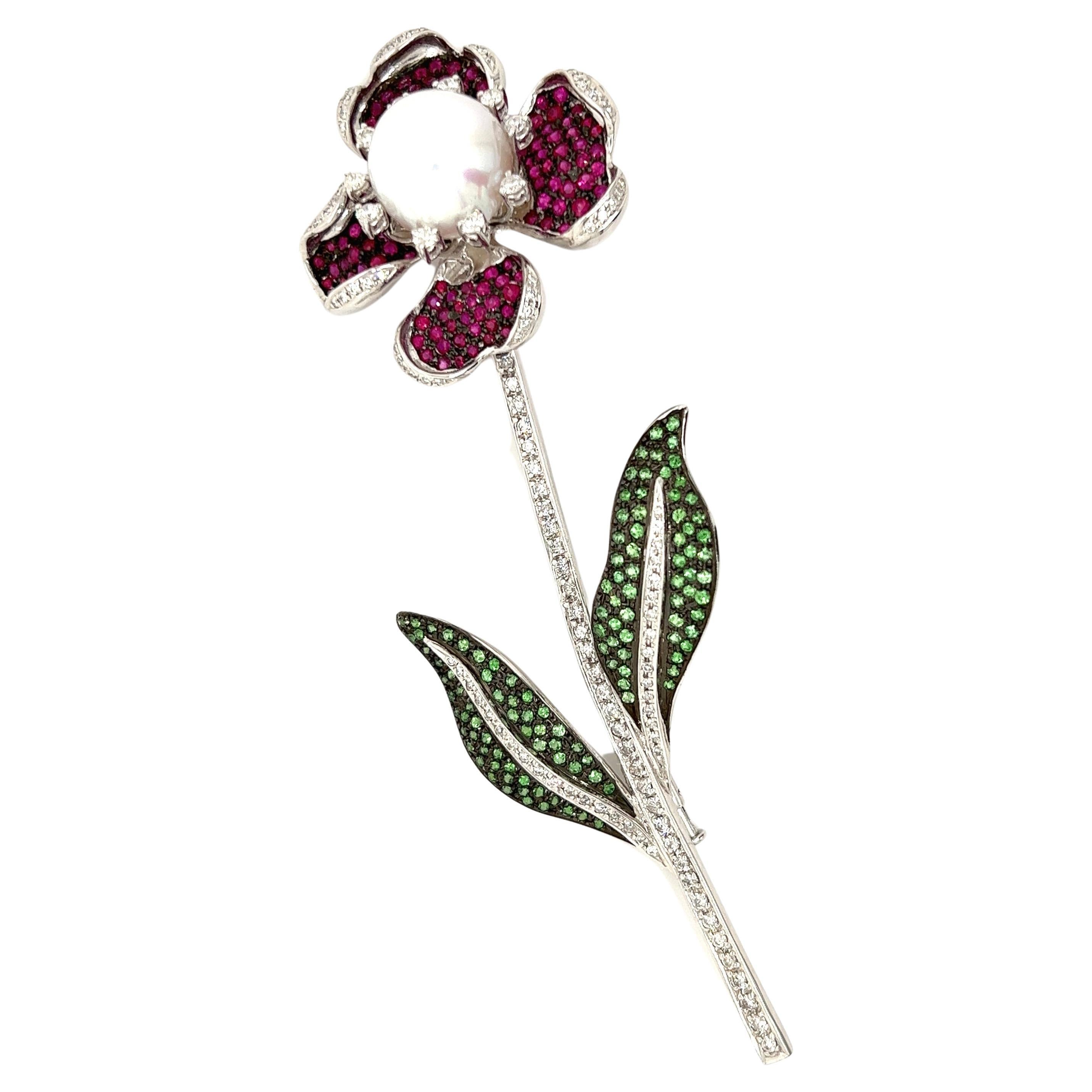 Pearl, Diamond, Ruby and Tsavorite Flower Pin For Sale