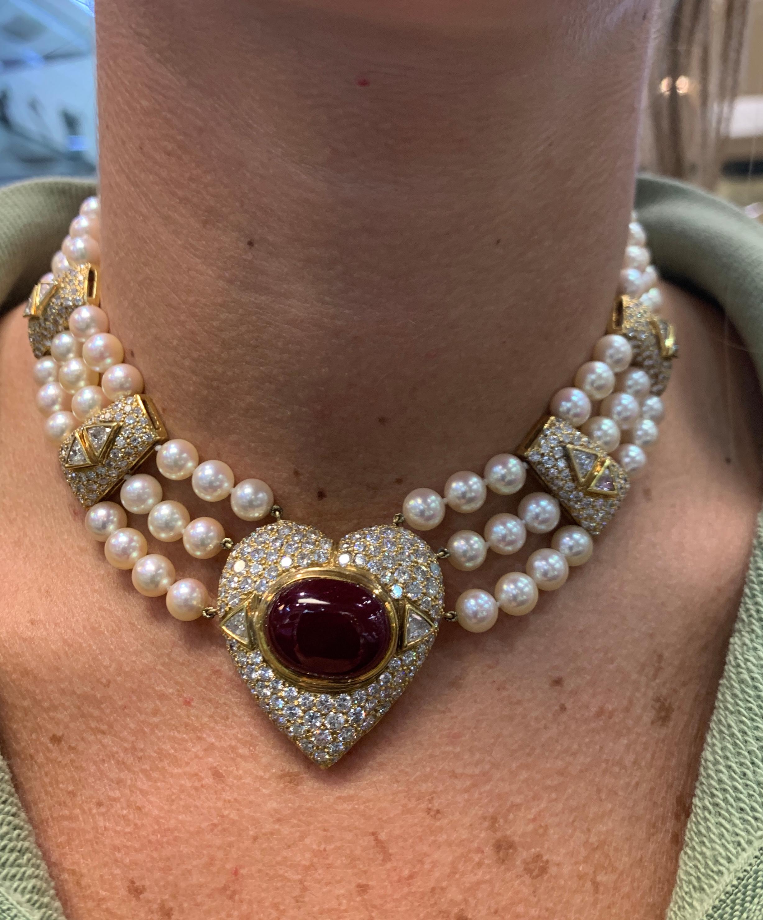 Pearl Diamond and Ruby Multi Strand Heart Necklace In Excellent Condition In New York, NY