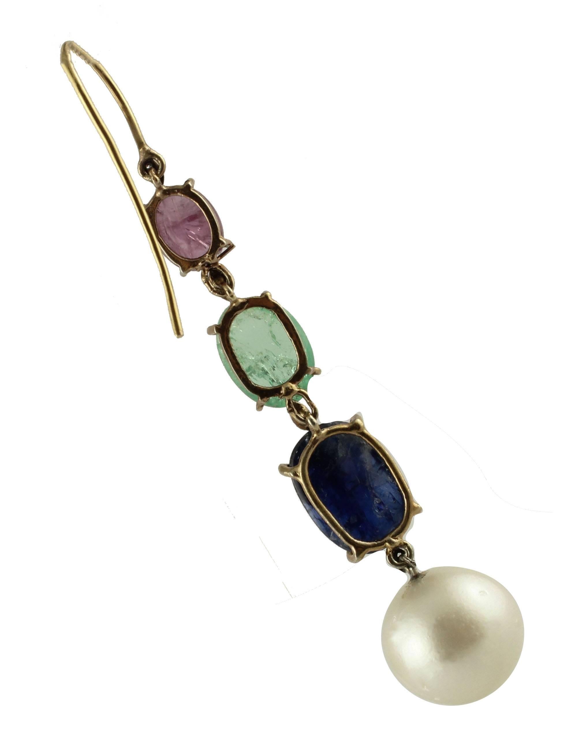 Retro Pearl Diamond Ruby Sapphire Emeralds Rose Gold and Silver Earrings
