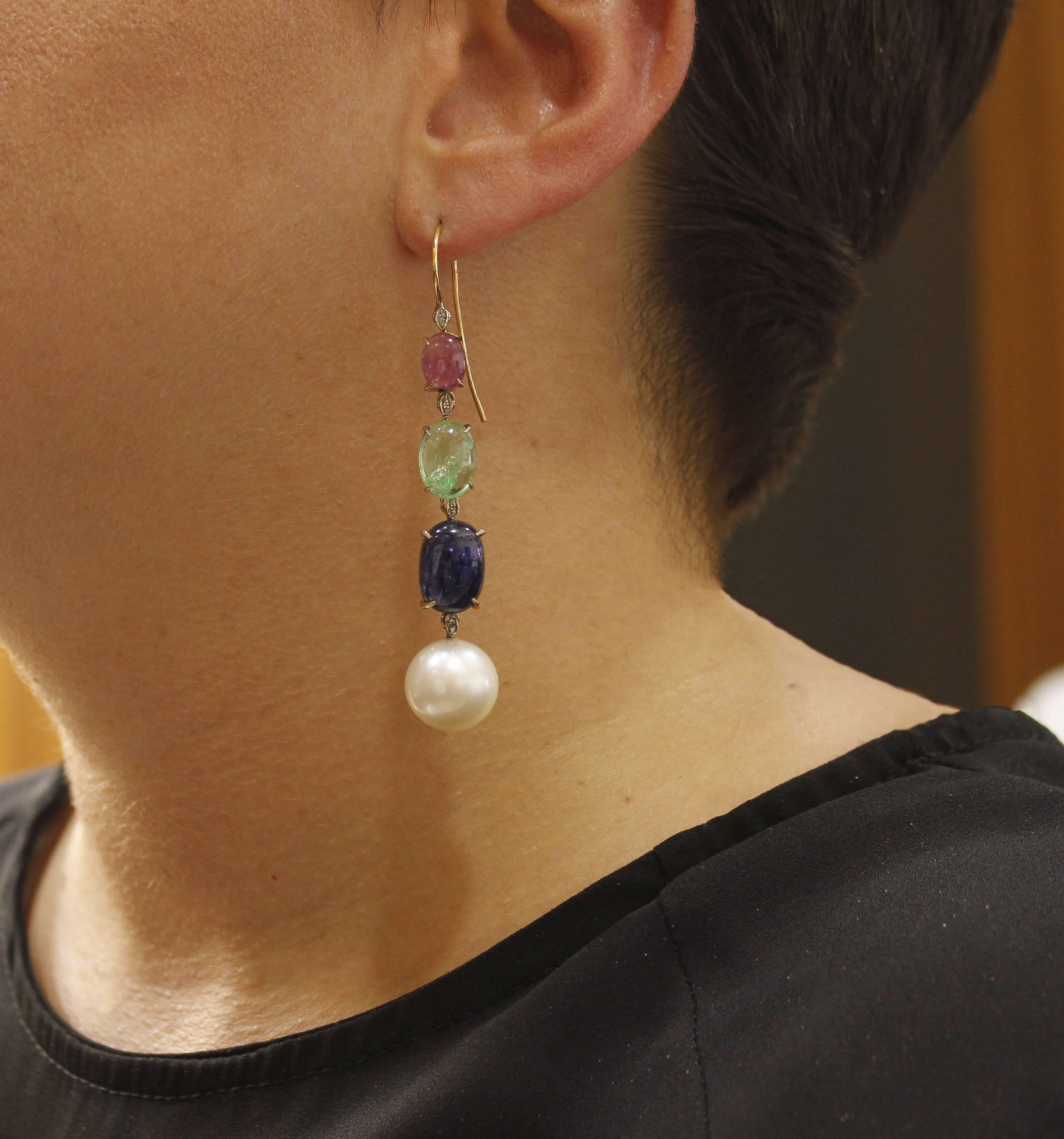 Mixed Cut Pearl Diamond Ruby Sapphire Emeralds Rose Gold and Silver Earrings