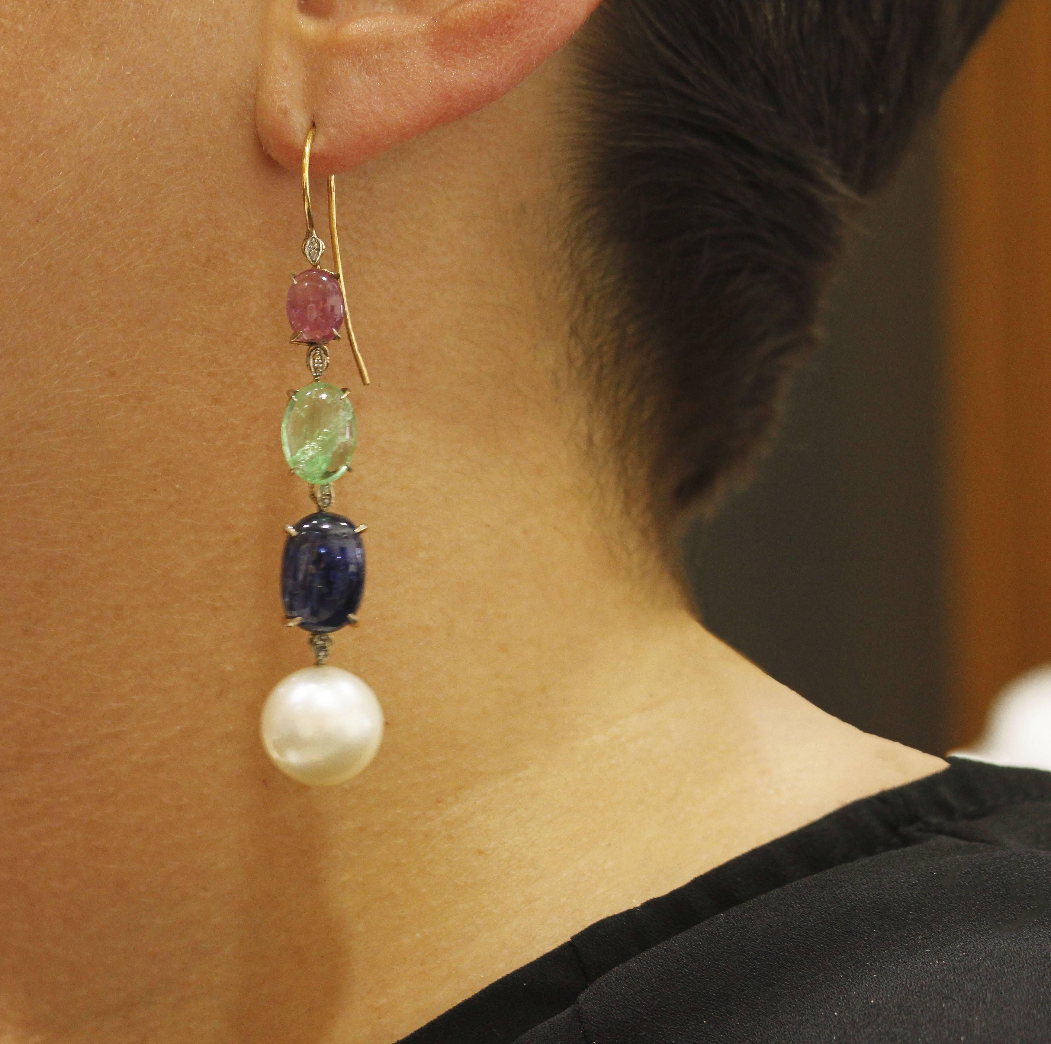 Pearl Diamond Ruby Sapphire Emeralds Rose Gold and Silver Earrings In Good Condition In Marcianise, Marcianise (CE)
