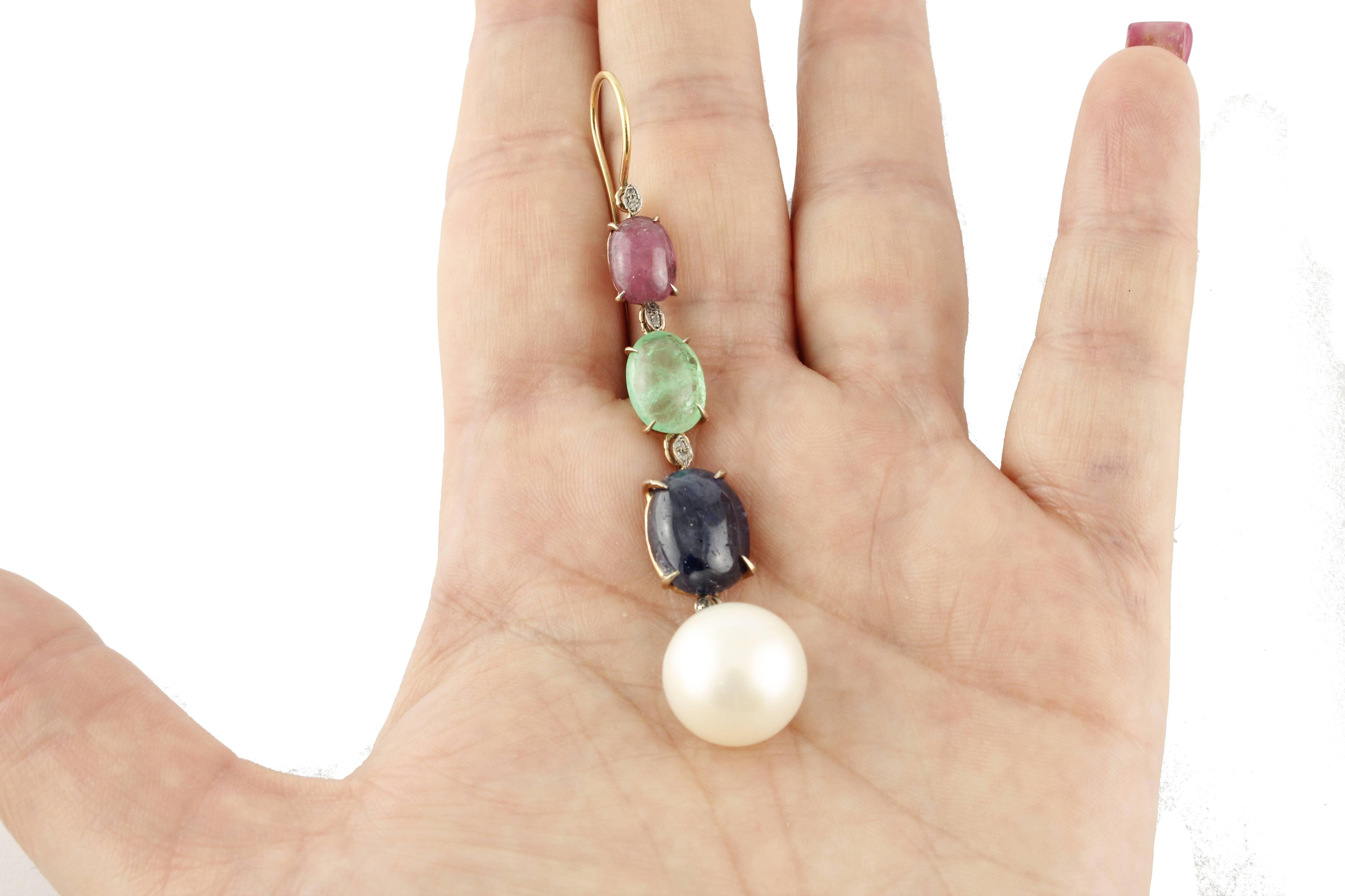 Women's Pearl Diamond Ruby Sapphire Emeralds Rose Gold and Silver Earrings