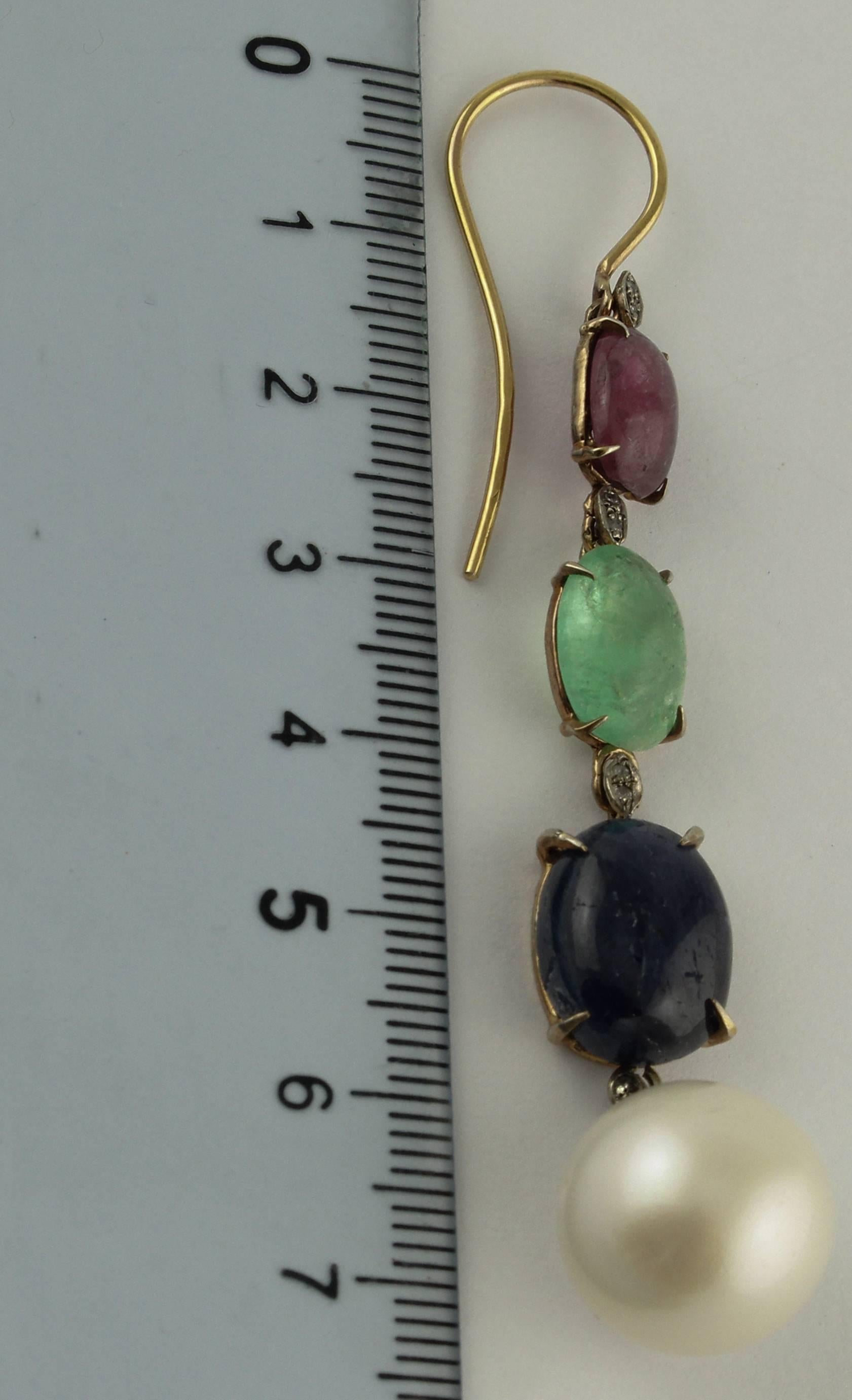 Pearl Diamond Ruby Sapphire Emeralds Rose Gold and Silver Earrings 1