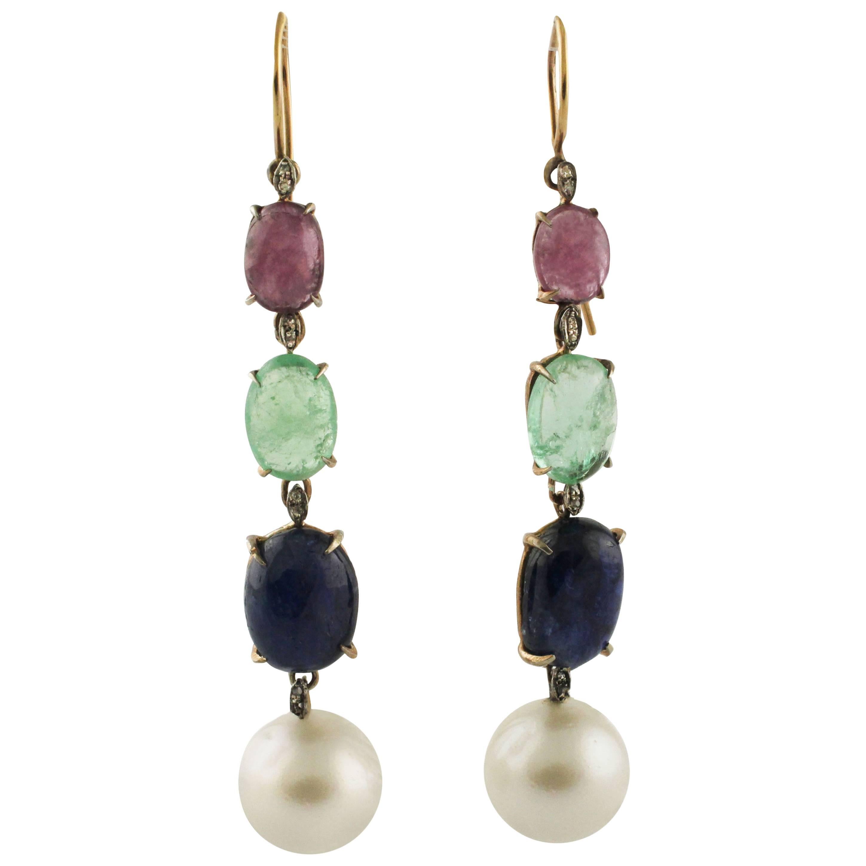Pearl Diamond Ruby Sapphire Emeralds Rose Gold and Silver Earrings
