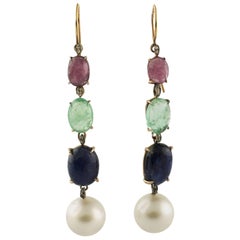 Retro Pearl Diamond Ruby Sapphire Emeralds Rose Gold and Silver Earrings