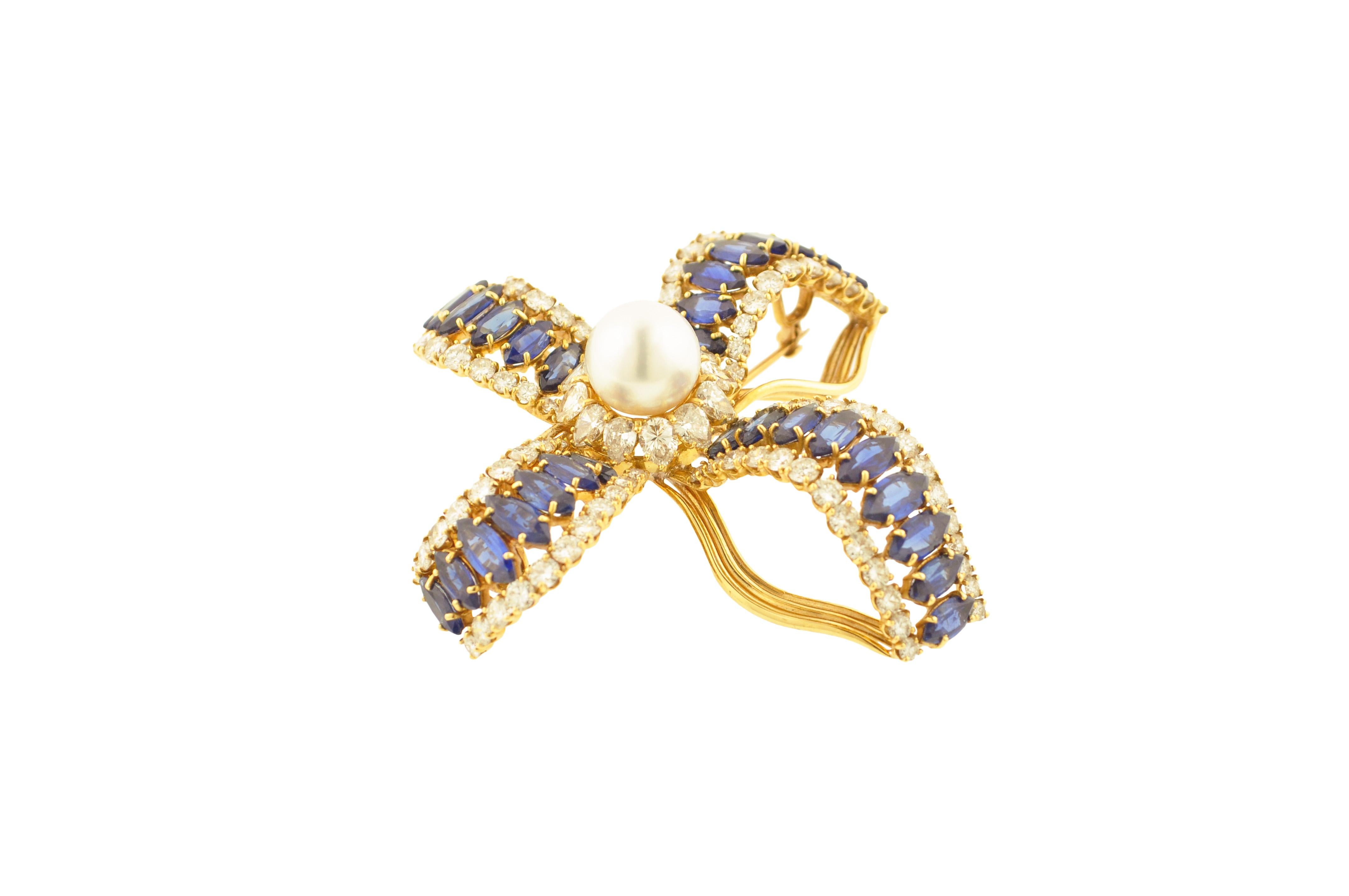 Marquise Cut Pearl Diamond Sapphire and Gold Brooch For Sale
