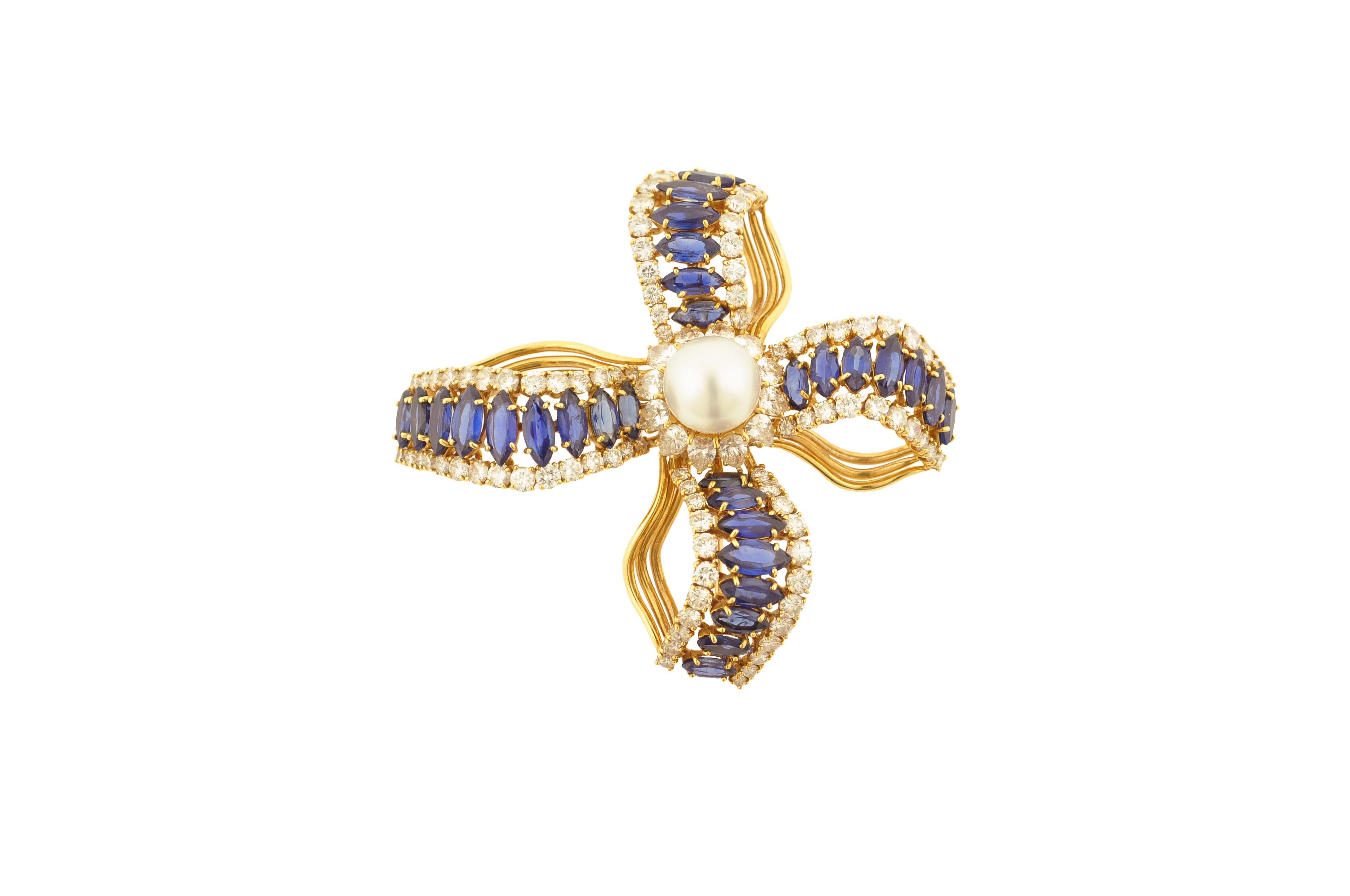 Pearl Diamond Sapphire and Gold Brooch In Excellent Condition For Sale In New York, NY