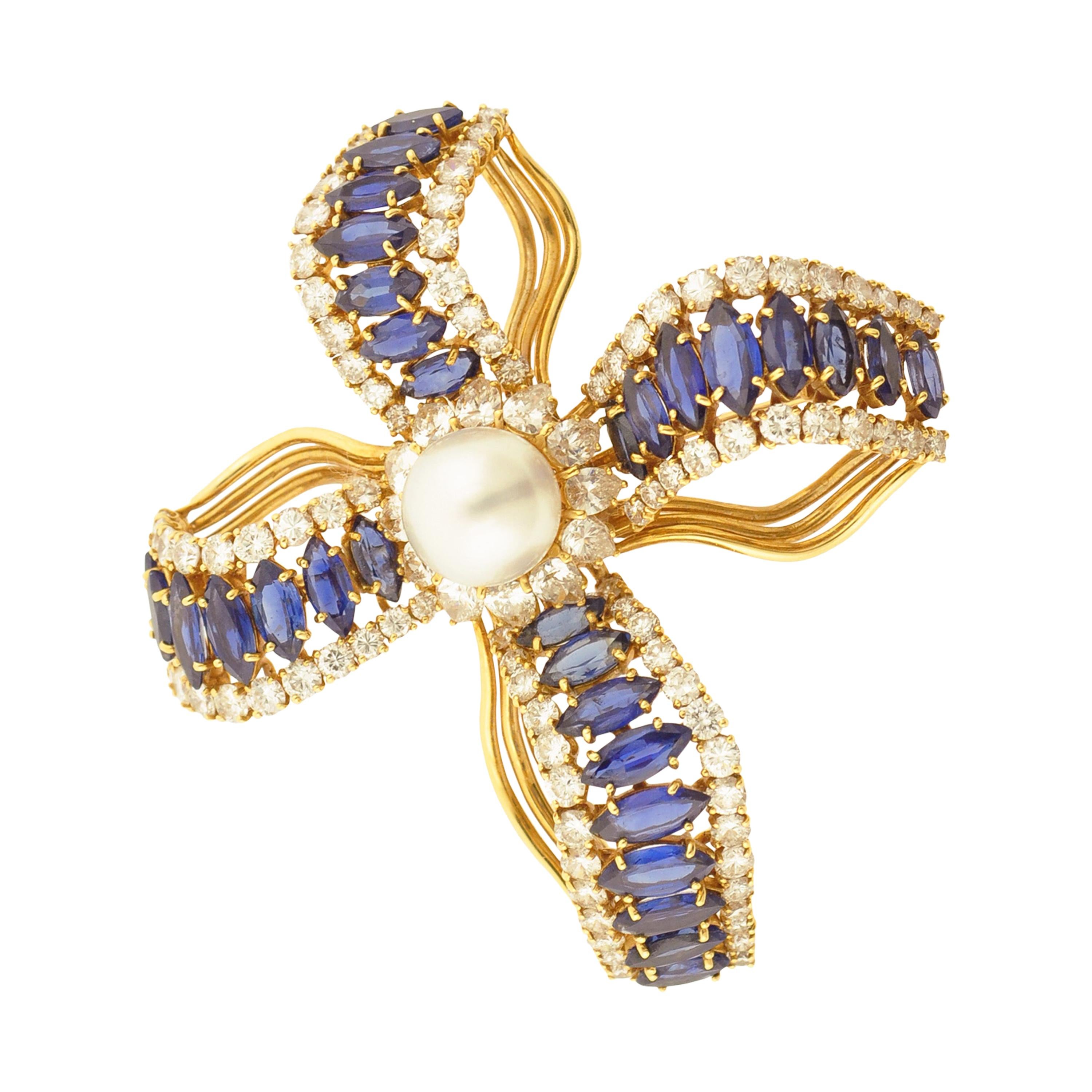 Pearl Diamond Sapphire and Gold Brooch For Sale