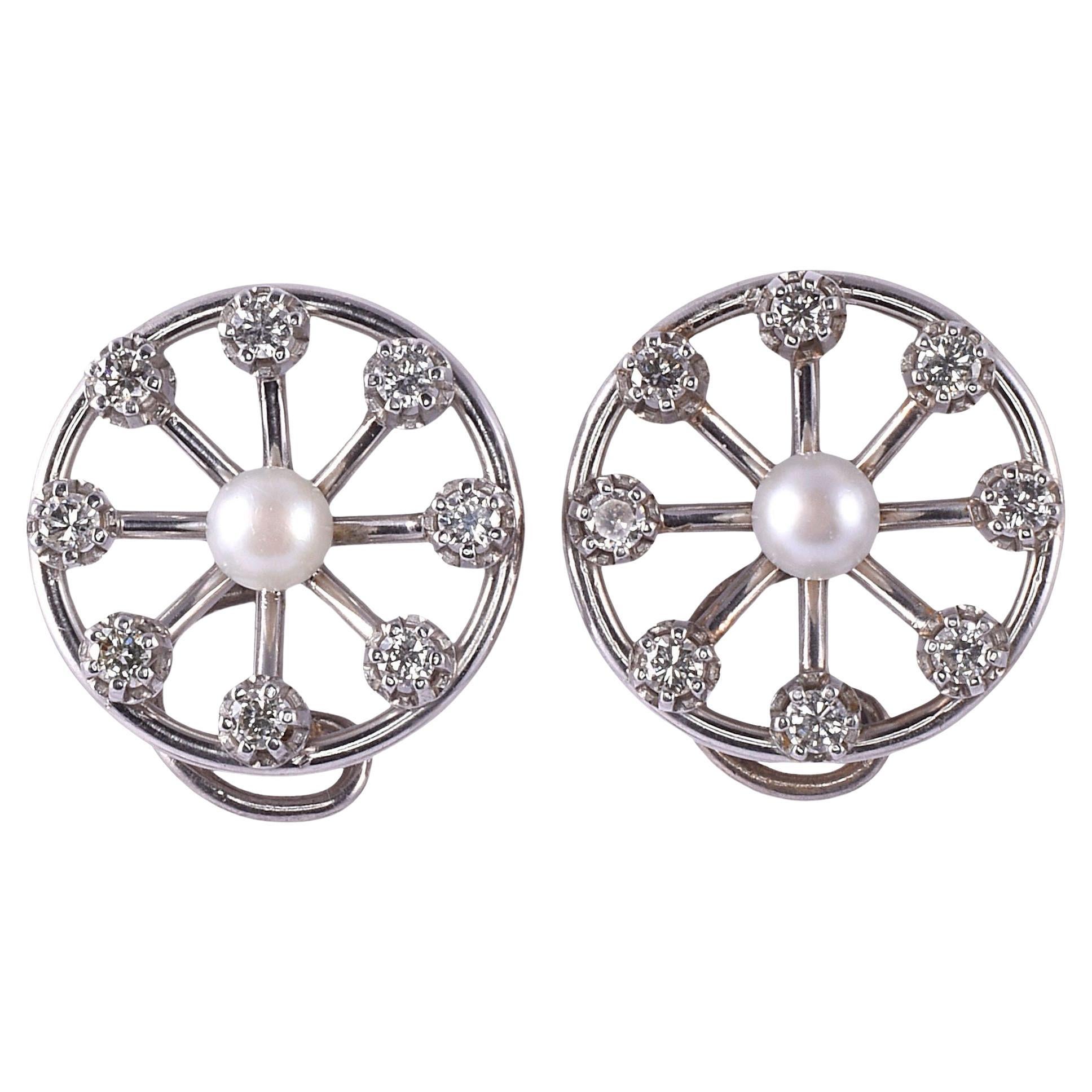 Pearl & Diamond Spoke Design Platinum Earrings For Sale