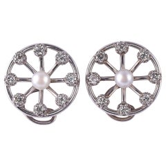 Retro Pearl & Diamond Spoke Design Platinum Earrings