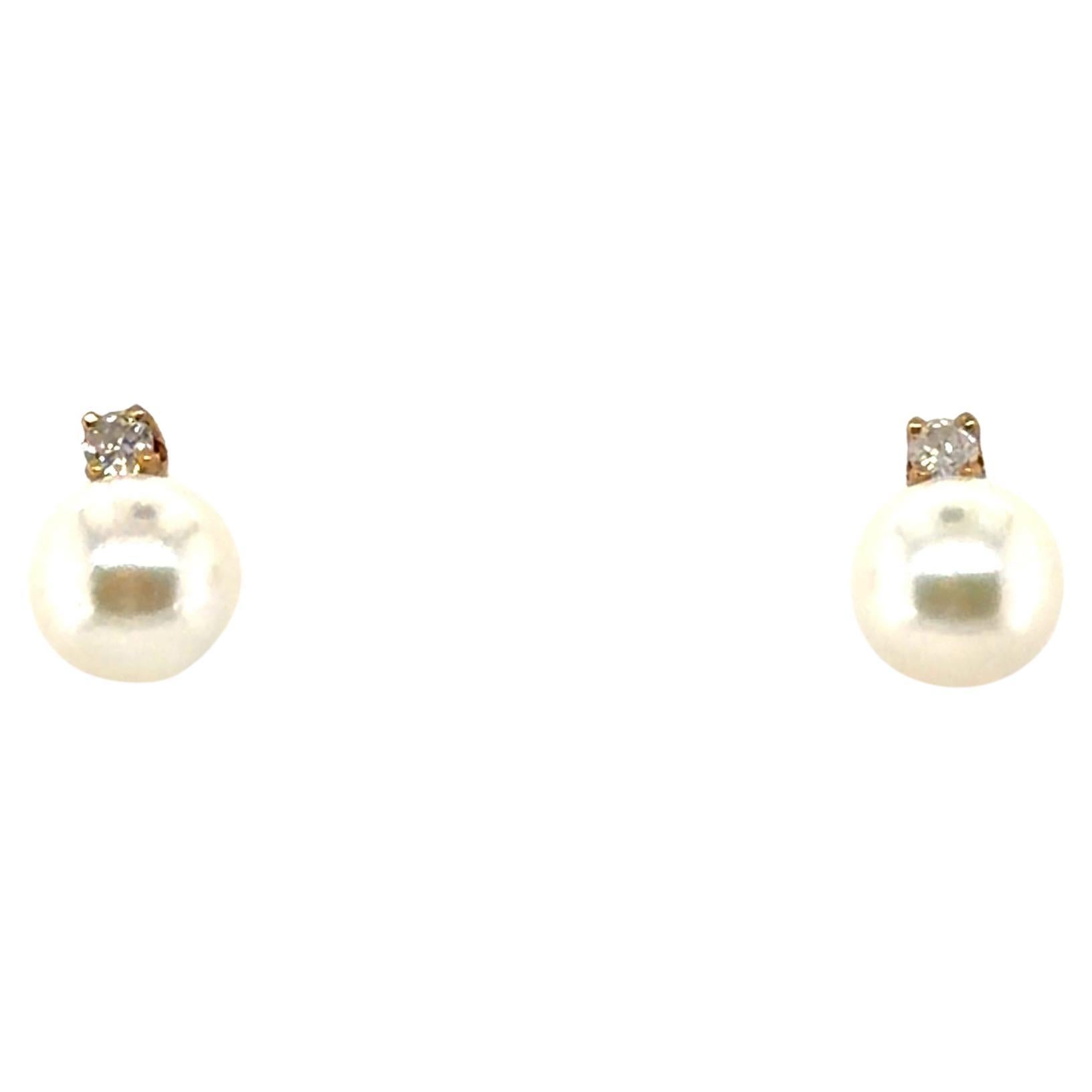 Pearl Diamond Stud Earrings 14K Yellow Gold 6.5mm Pearls en vente