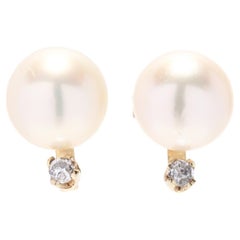 Pearl Diamond Stud Earrings, 14K Yellow Gold, Classic Pearl