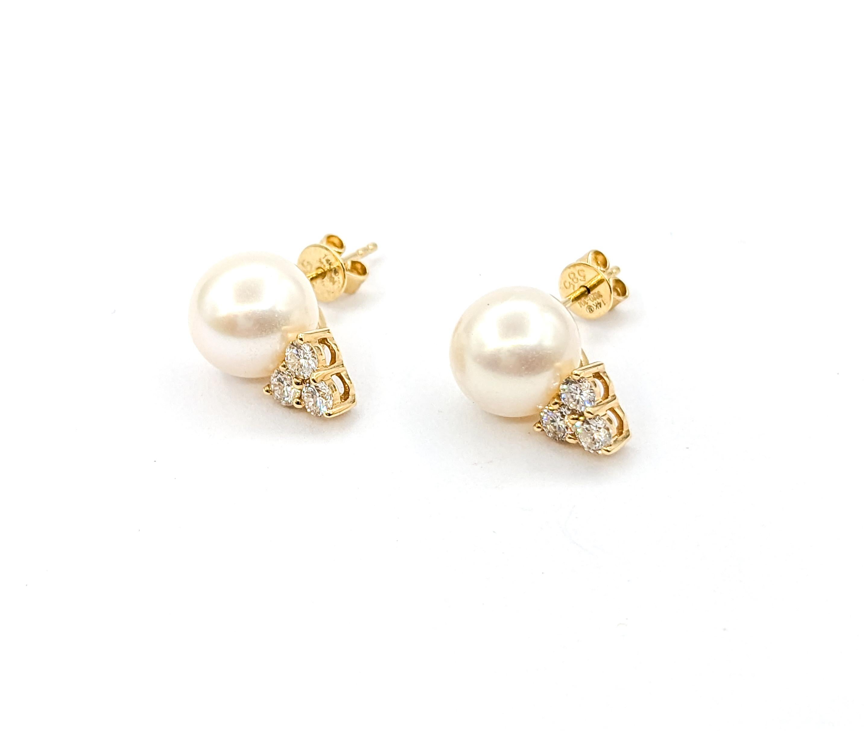 Pearl & Diamond Stud Earrings In Yellow Gold 4